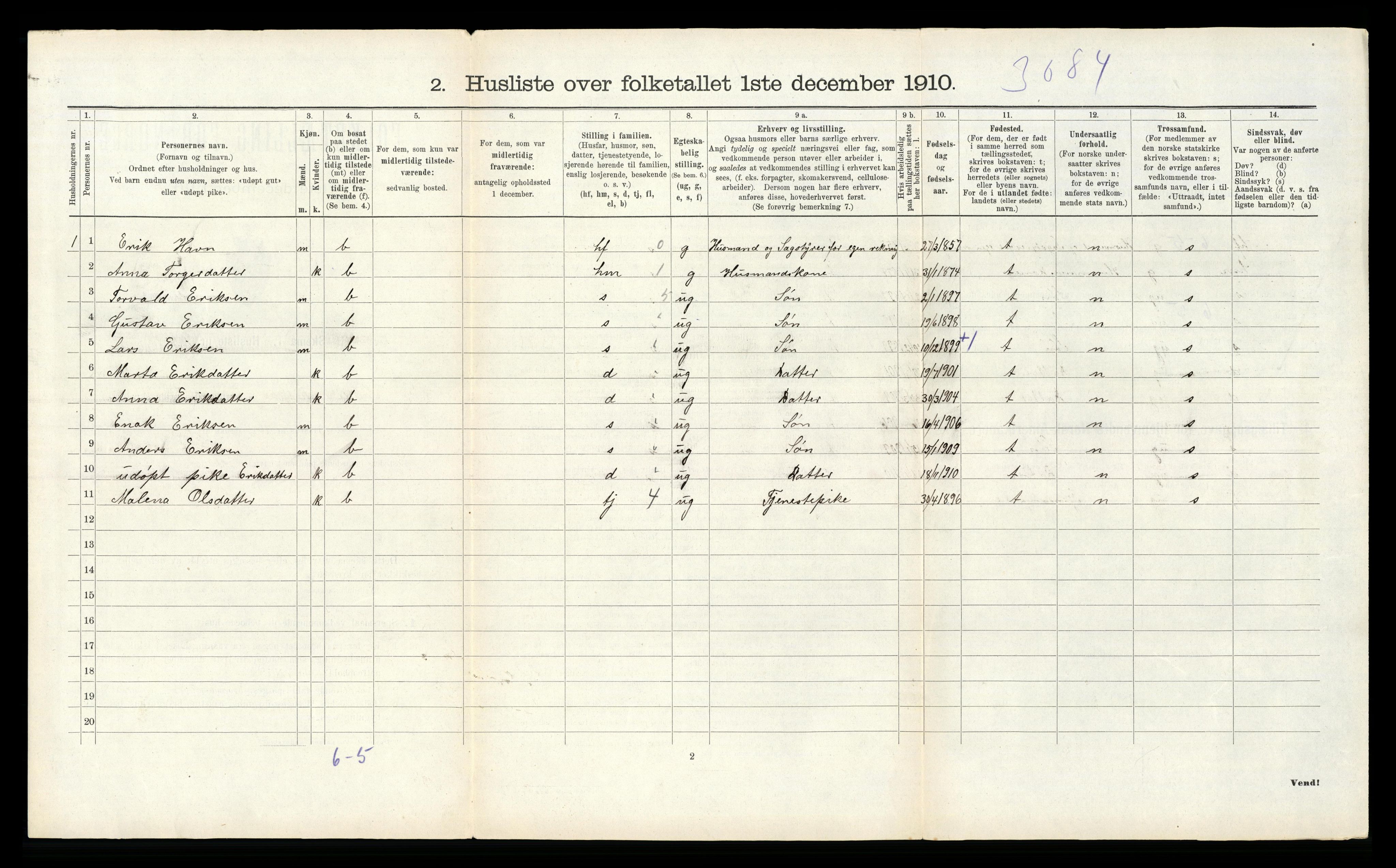 RA, 1910 census for Sauda, 1910, p. 587