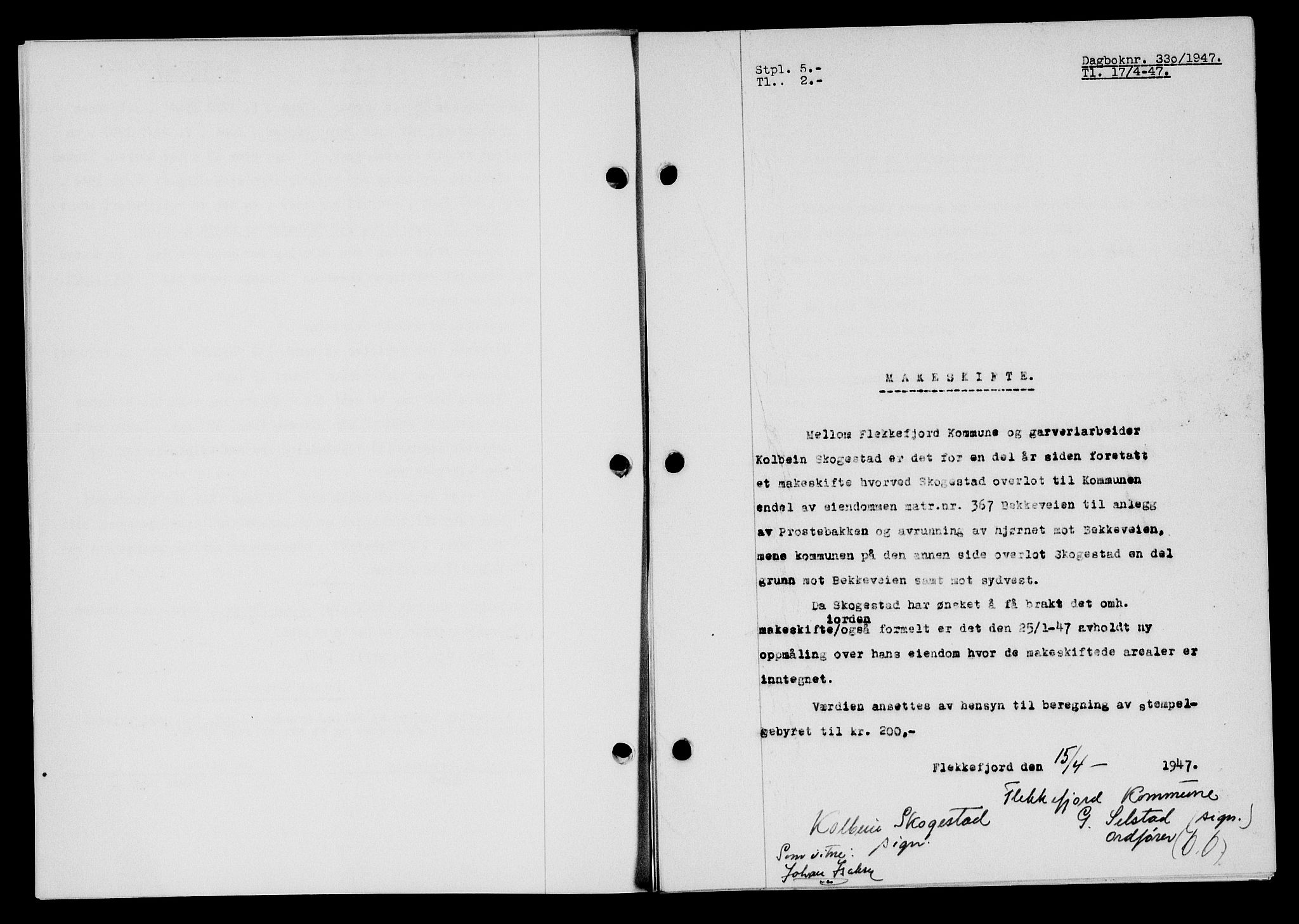 Flekkefjord sorenskriveri, SAK/1221-0001/G/Gb/Gba/L0062: Mortgage book no. A-10, 1947-1947, Diary no: : 330/1947