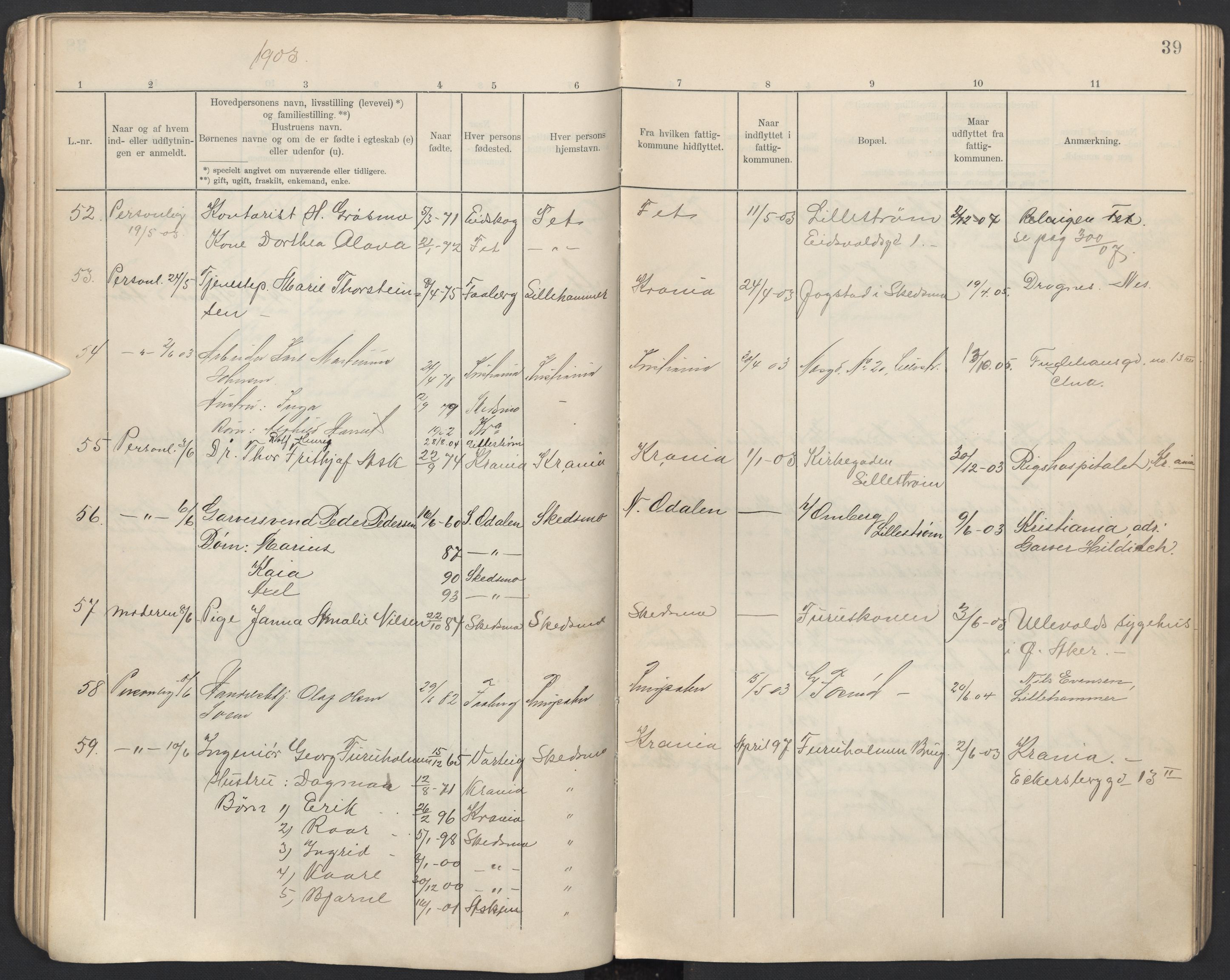 Skedsmo lensmannskontor, AV/SAO-A-10089/K/Kd/Kda/L0001: Flyttingsprotokoll, 1901-1908, p. 39