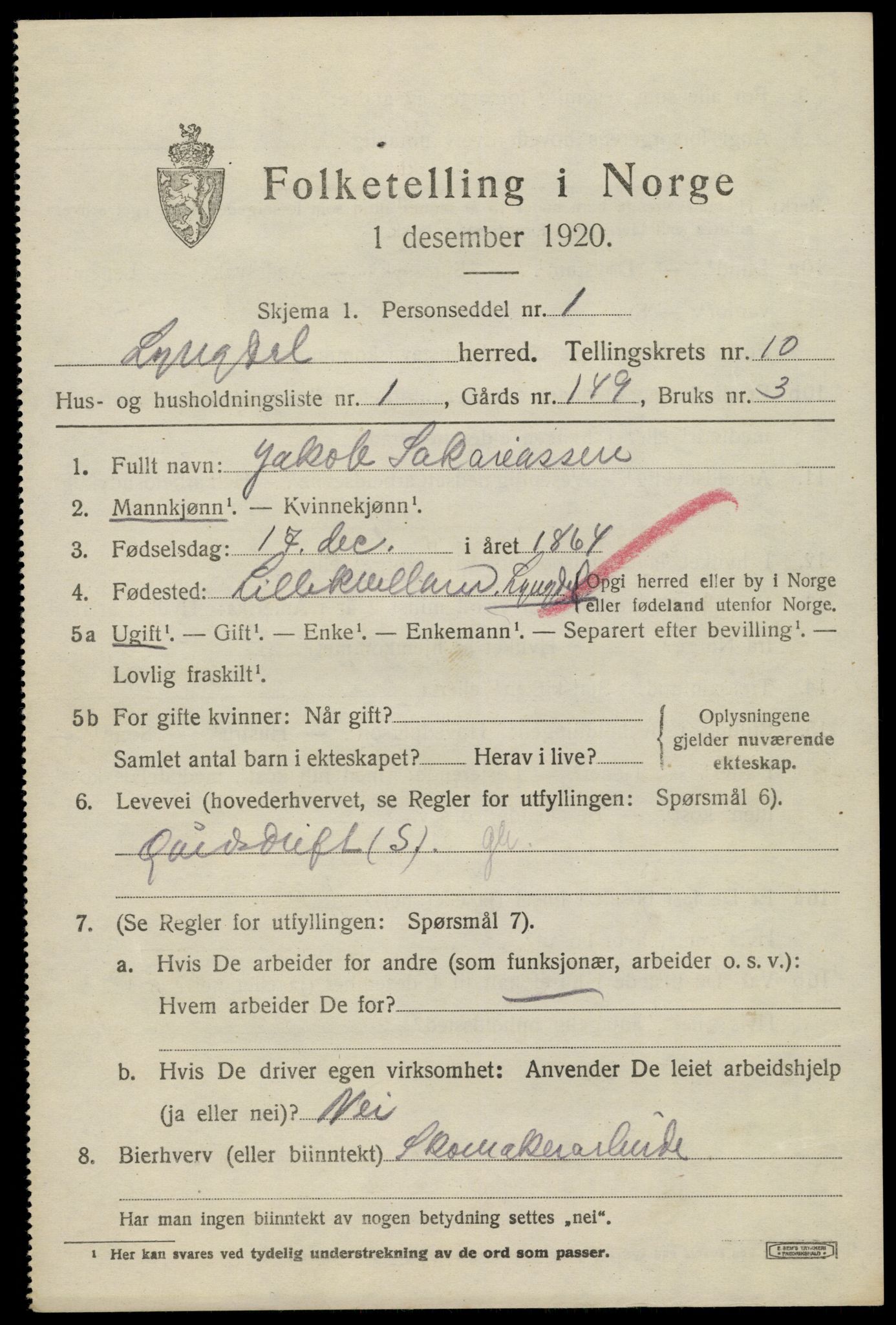 SAK, 1920 census for Lyngdal, 1920, p. 4871