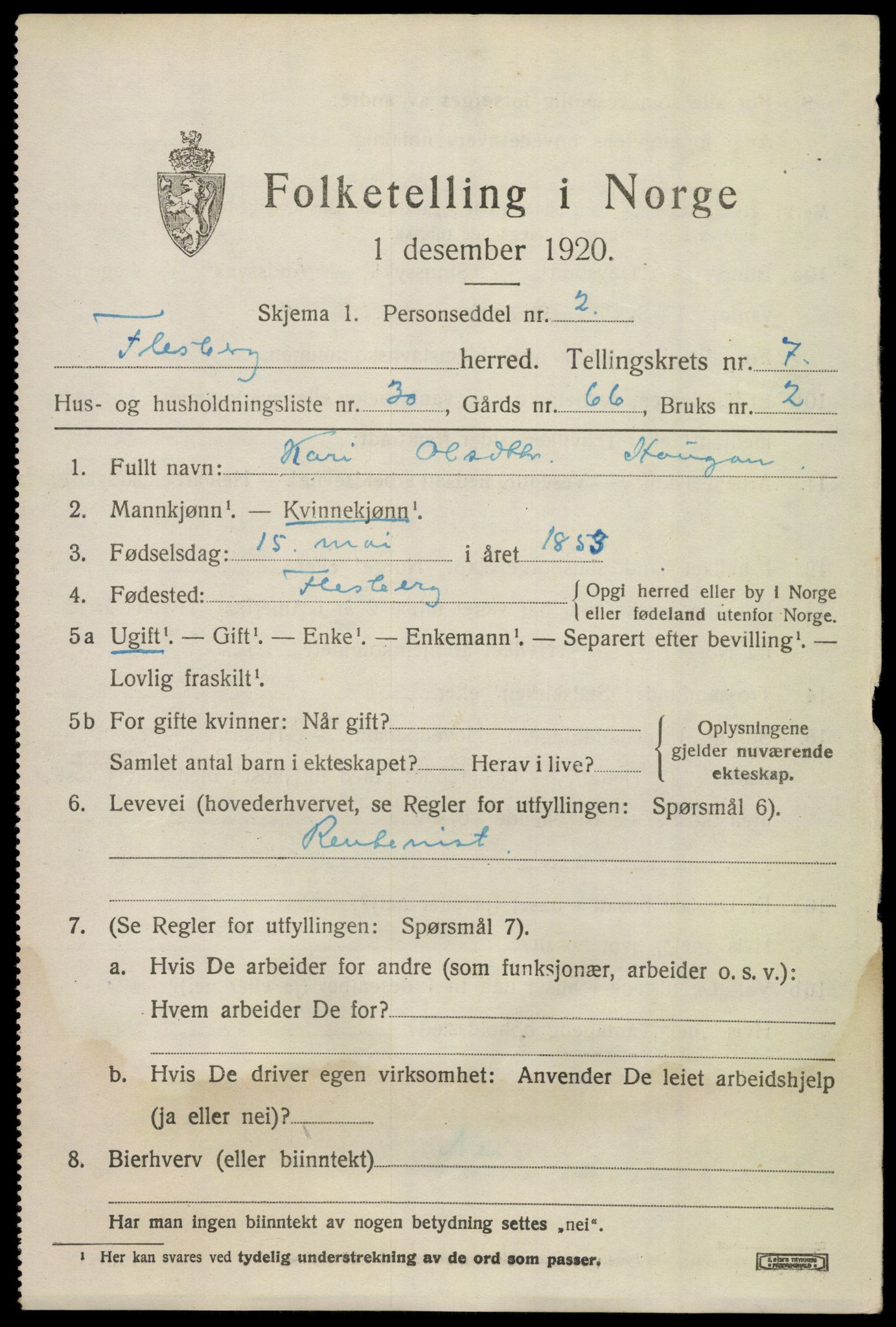 SAKO, 1920 census for Flesberg, 1920, p. 3049