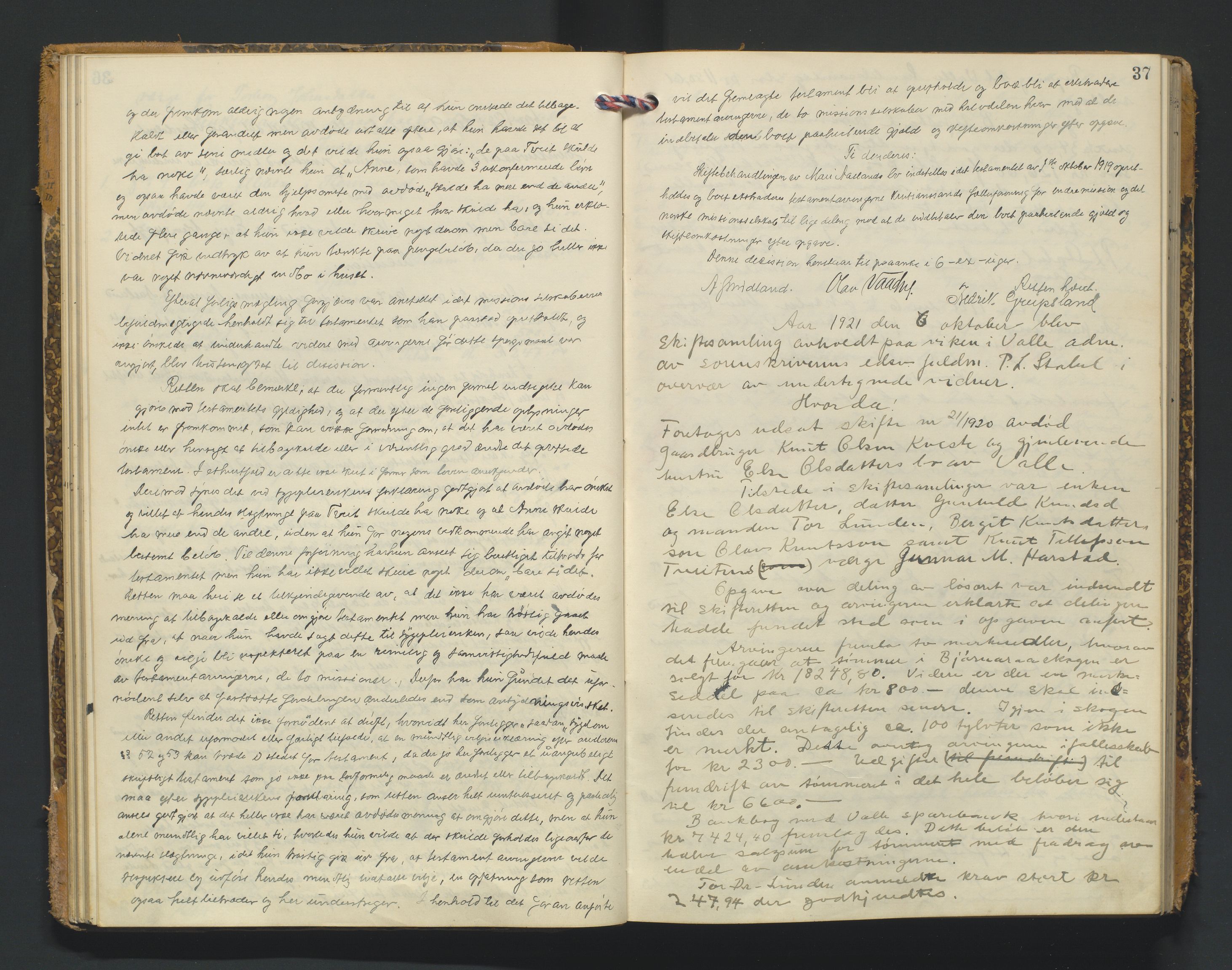 Setesdal sorenskriveri, AV/SAK-1221-0011/H/Hc/L0040: Skifteforhandlingsprotokoll nr 12, 1920-1927, p. 37