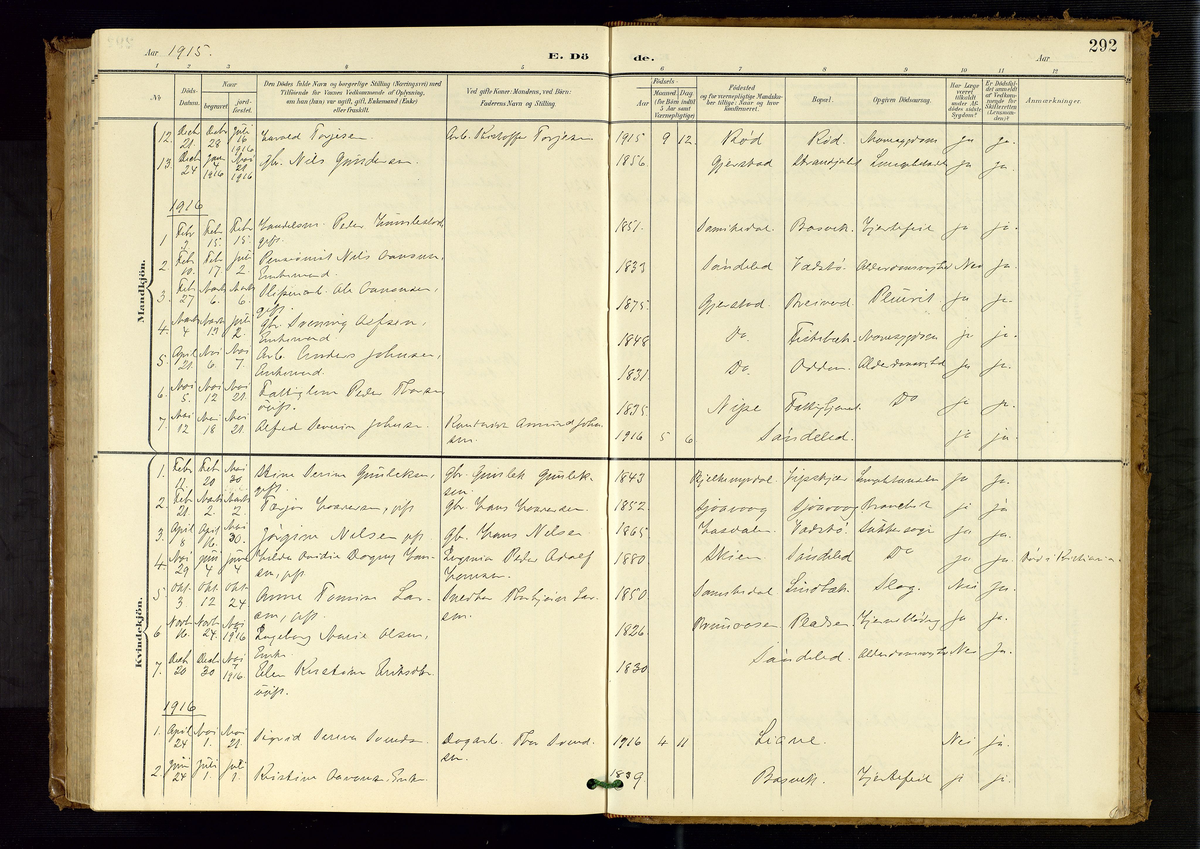 Søndeled sokneprestkontor, AV/SAK-1111-0038/F/Fb/L0005: Parish register (copy) no. B 6, 1900-1962, p. 292