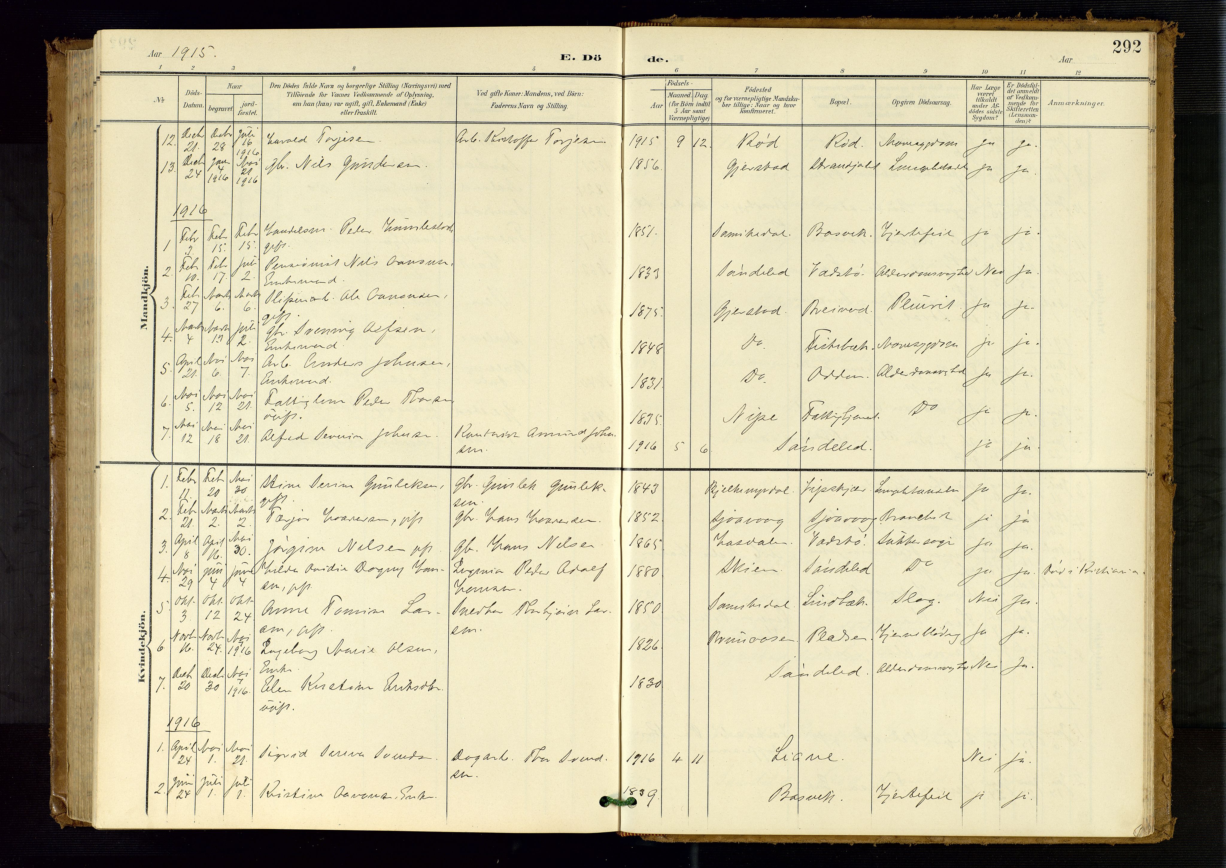 Søndeled sokneprestkontor, SAK/1111-0038/F/Fb/L0005: Parish register (copy) no. B 6, 1900-1962, p. 292