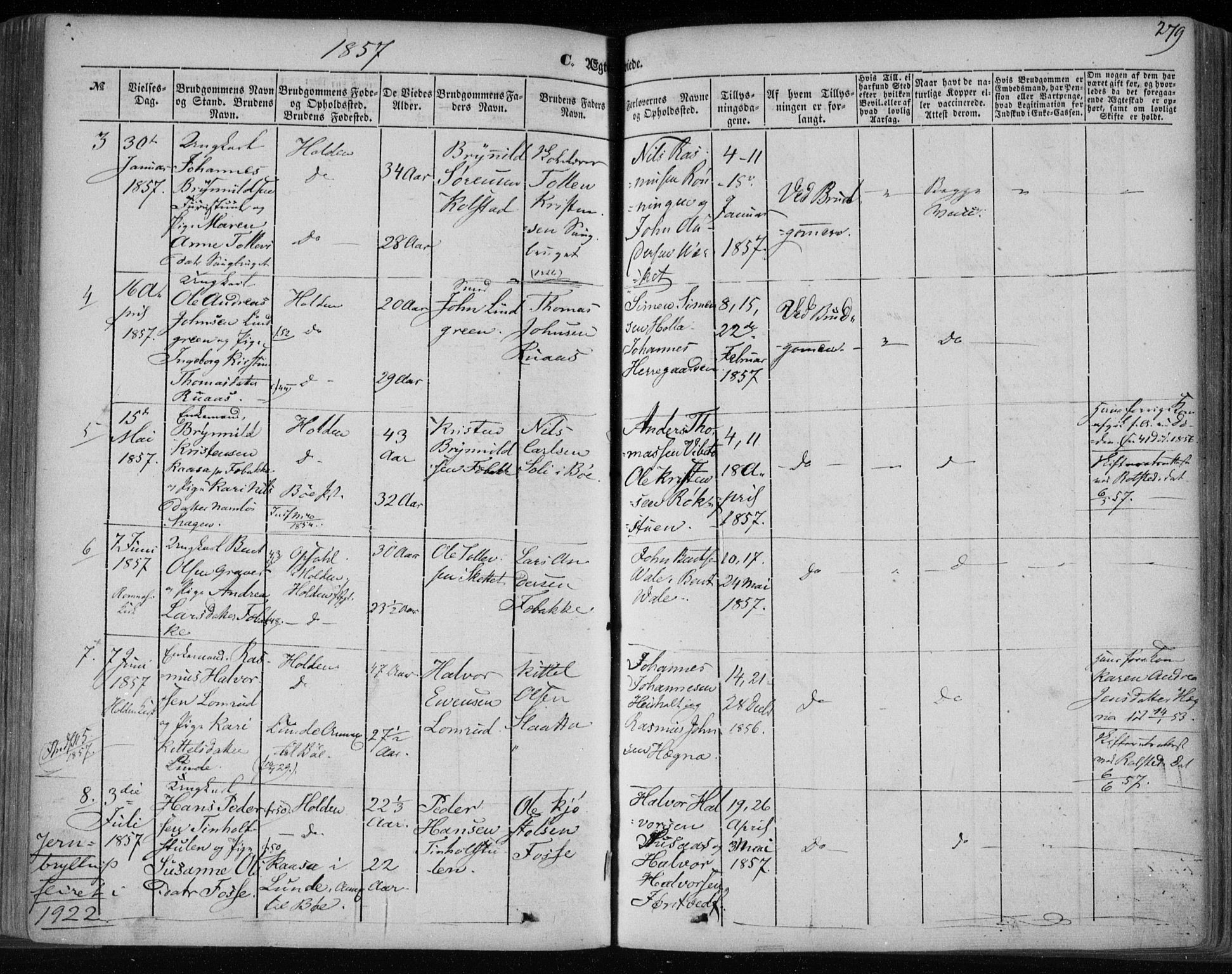 Holla kirkebøker, SAKO/A-272/F/Fa/L0005: Parish register (official) no. 5, 1849-1860, p. 279