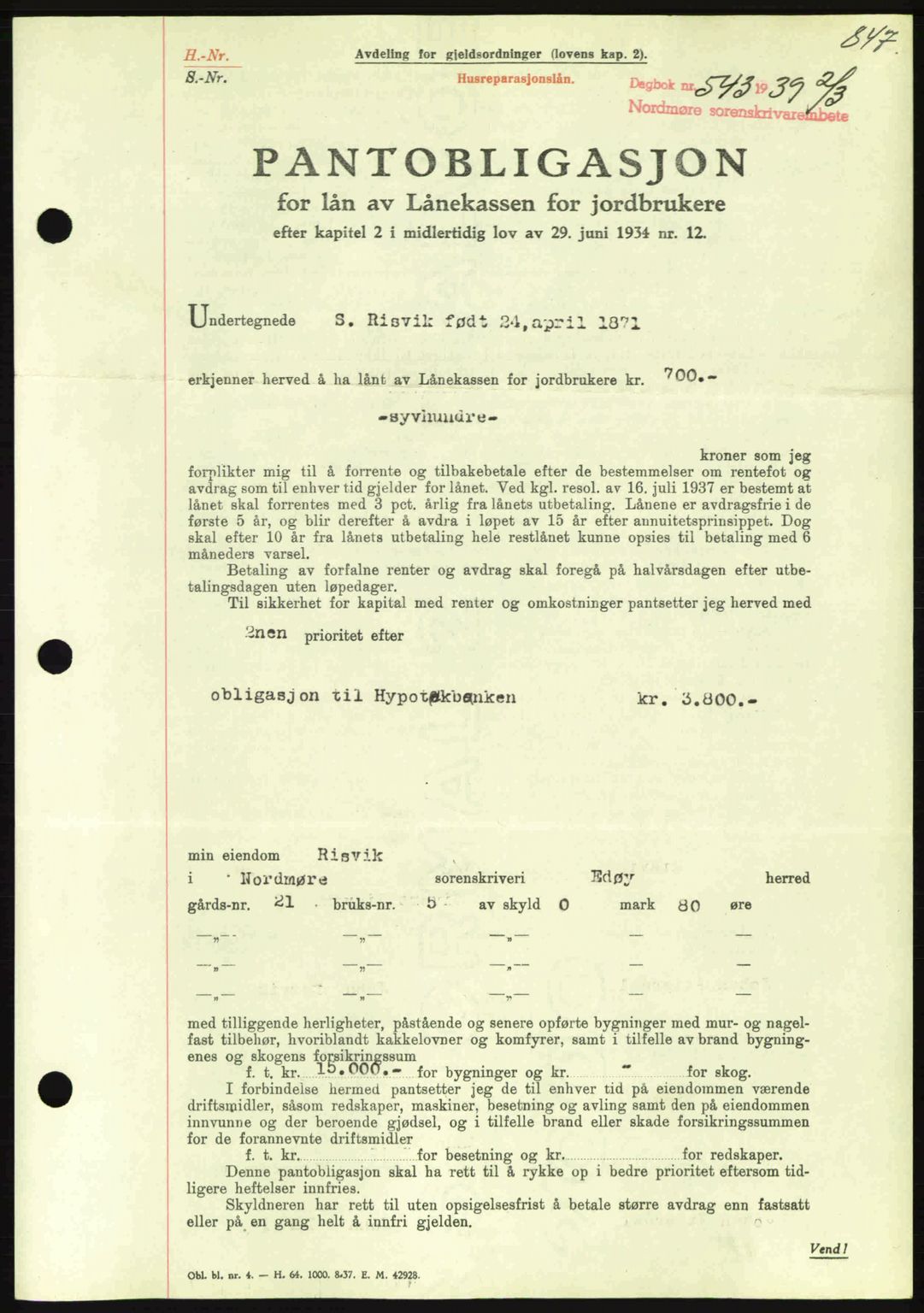 Nordmøre sorenskriveri, SAT/A-4132/1/2/2Ca: Mortgage book no. B84, 1938-1939, Diary no: : 543/1939