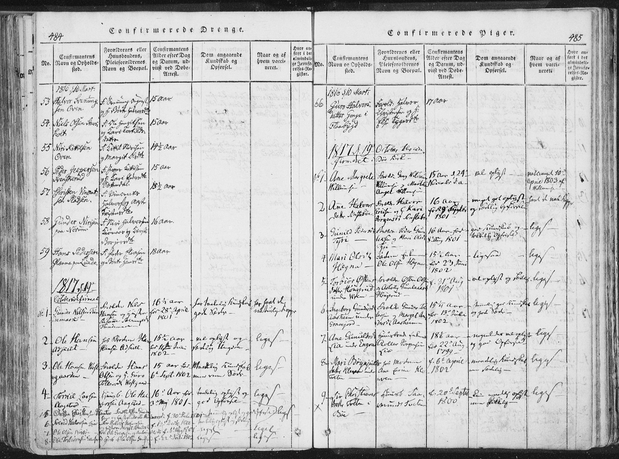 Bø kirkebøker, SAKO/A-257/F/Fa/L0006: Parish register (official) no. 6, 1815-1831, p. 484-485