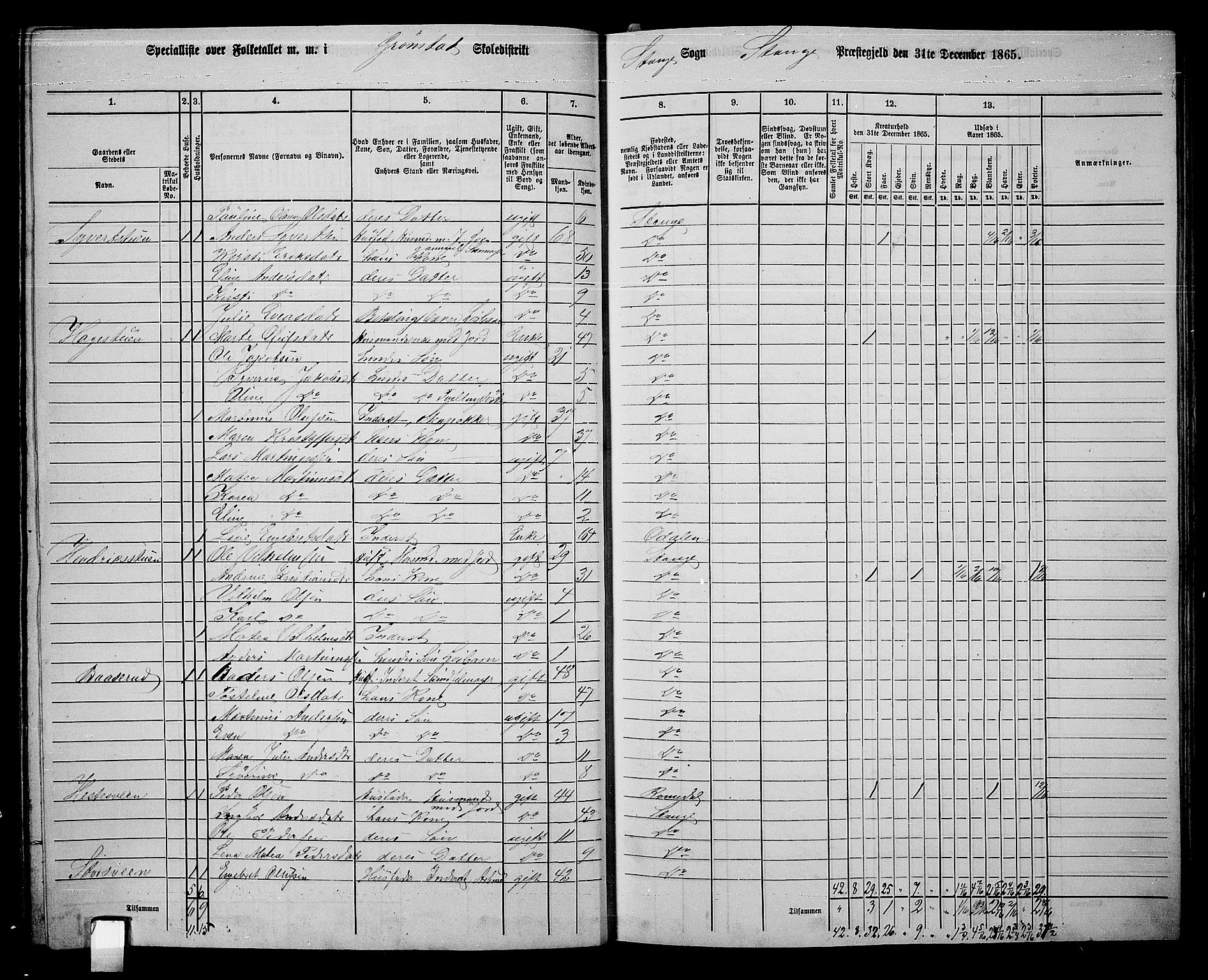 RA, 1865 census for Stange, 1865, p. 143