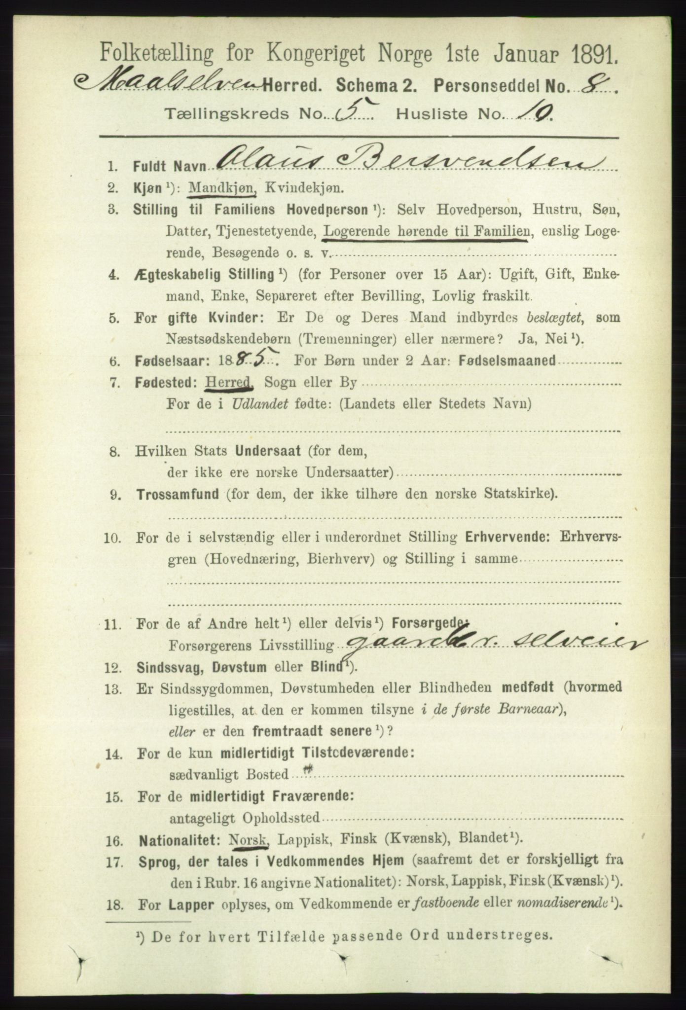 RA, 1891 census for 1924 Målselv, 1891, p. 1695