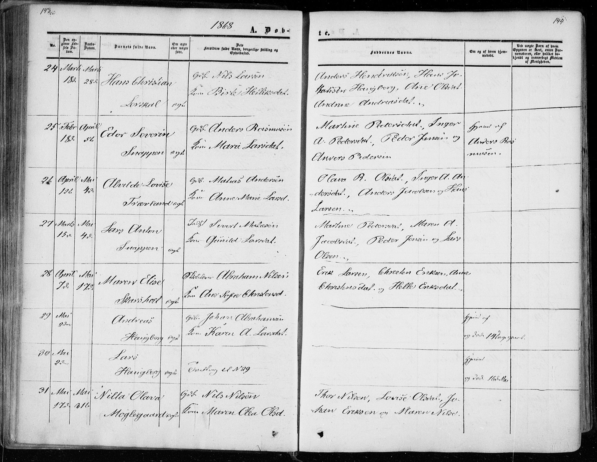 Andebu kirkebøker, AV/SAKO-A-336/F/Fa/L0005: Parish register (official) no. 5, 1857-1870, p. 143-144