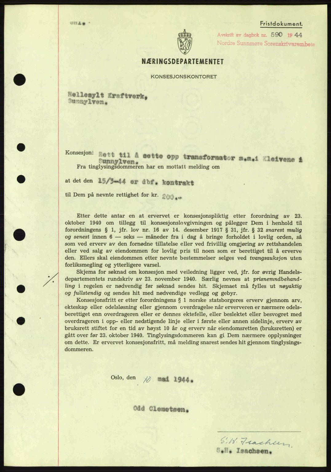 Nordre Sunnmøre sorenskriveri, SAT/A-0006/1/2/2C/2Ca: Mortgage book no. B6-14 a, 1942-1945, Diary no: : 590/1944