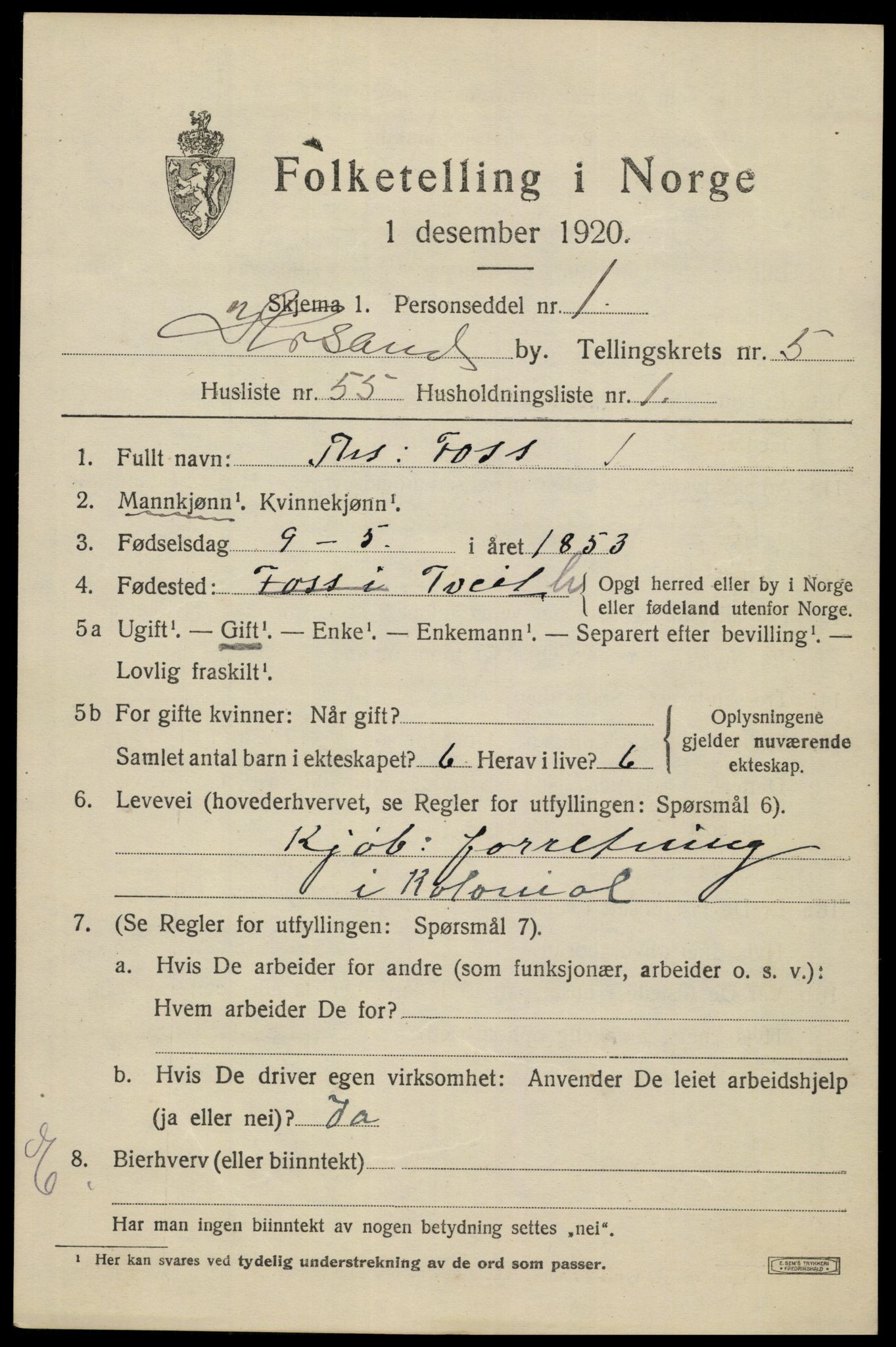 SAK, 1920 census for Kristiansand, 1920, p. 18067