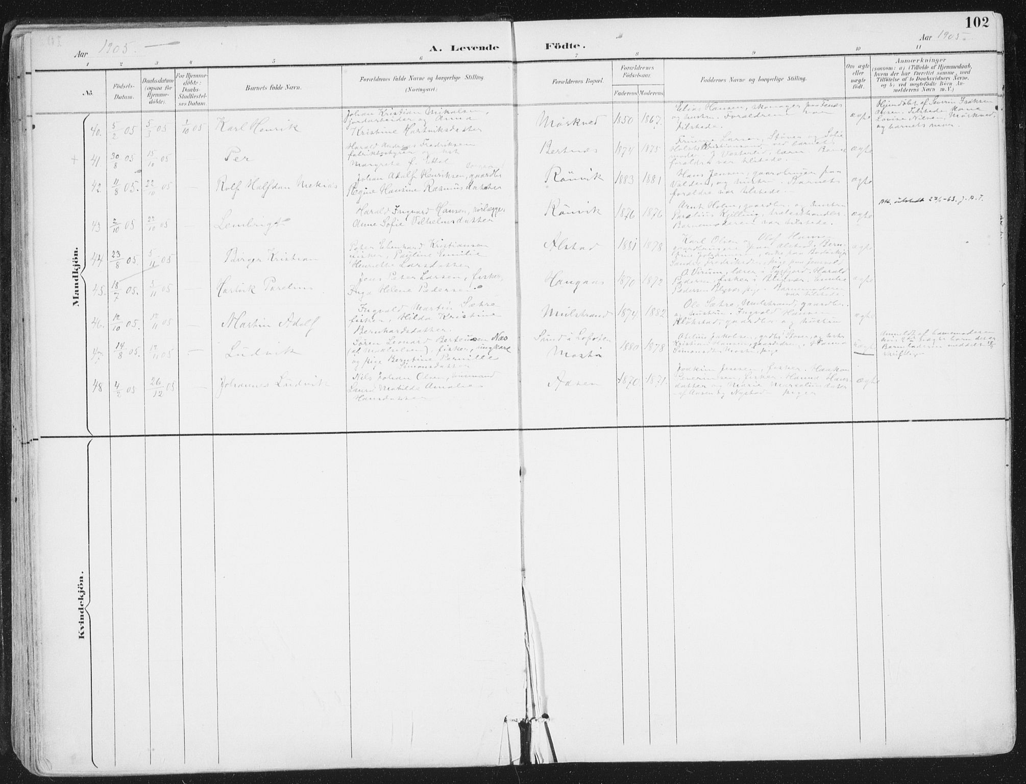 Ministerialprotokoller, klokkerbøker og fødselsregistre - Nordland, AV/SAT-A-1459/802/L0055: Parish register (official) no. 802A02, 1894-1915, p. 102