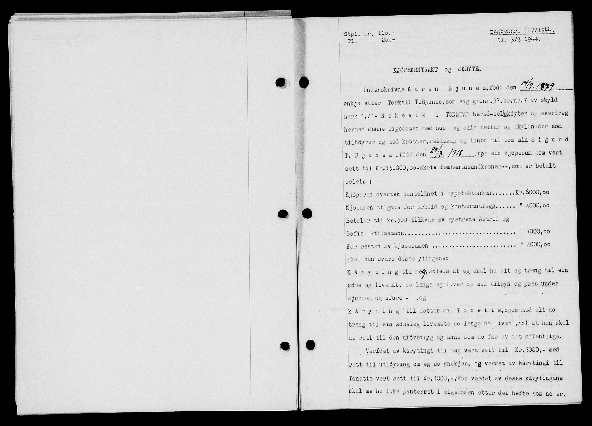 Flekkefjord sorenskriveri, SAK/1221-0001/G/Gb/Gba/L0059: Mortgage book no. A-7, 1944-1945, Diary no: : 167/1944