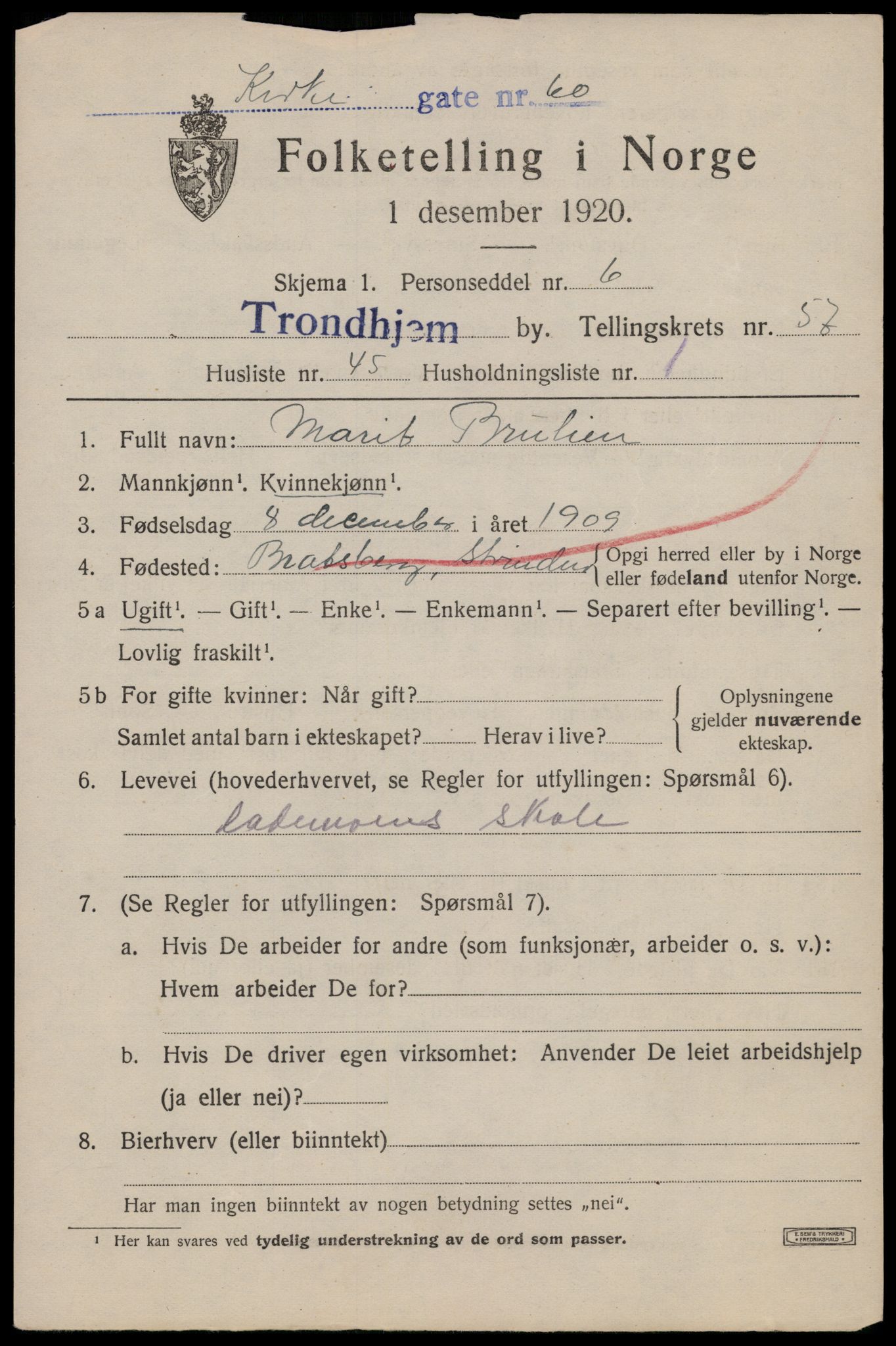 SAT, 1920 census for Trondheim, 1920, p. 117454