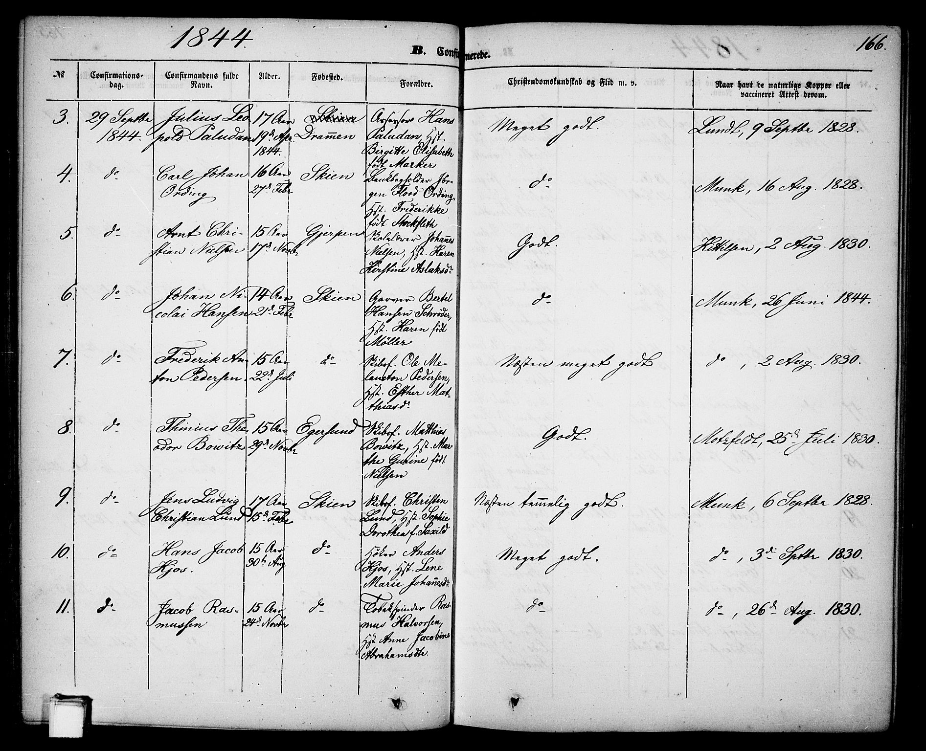 Skien kirkebøker, SAKO/A-302/G/Ga/L0004: Parish register (copy) no. 4, 1843-1867, p. 166
