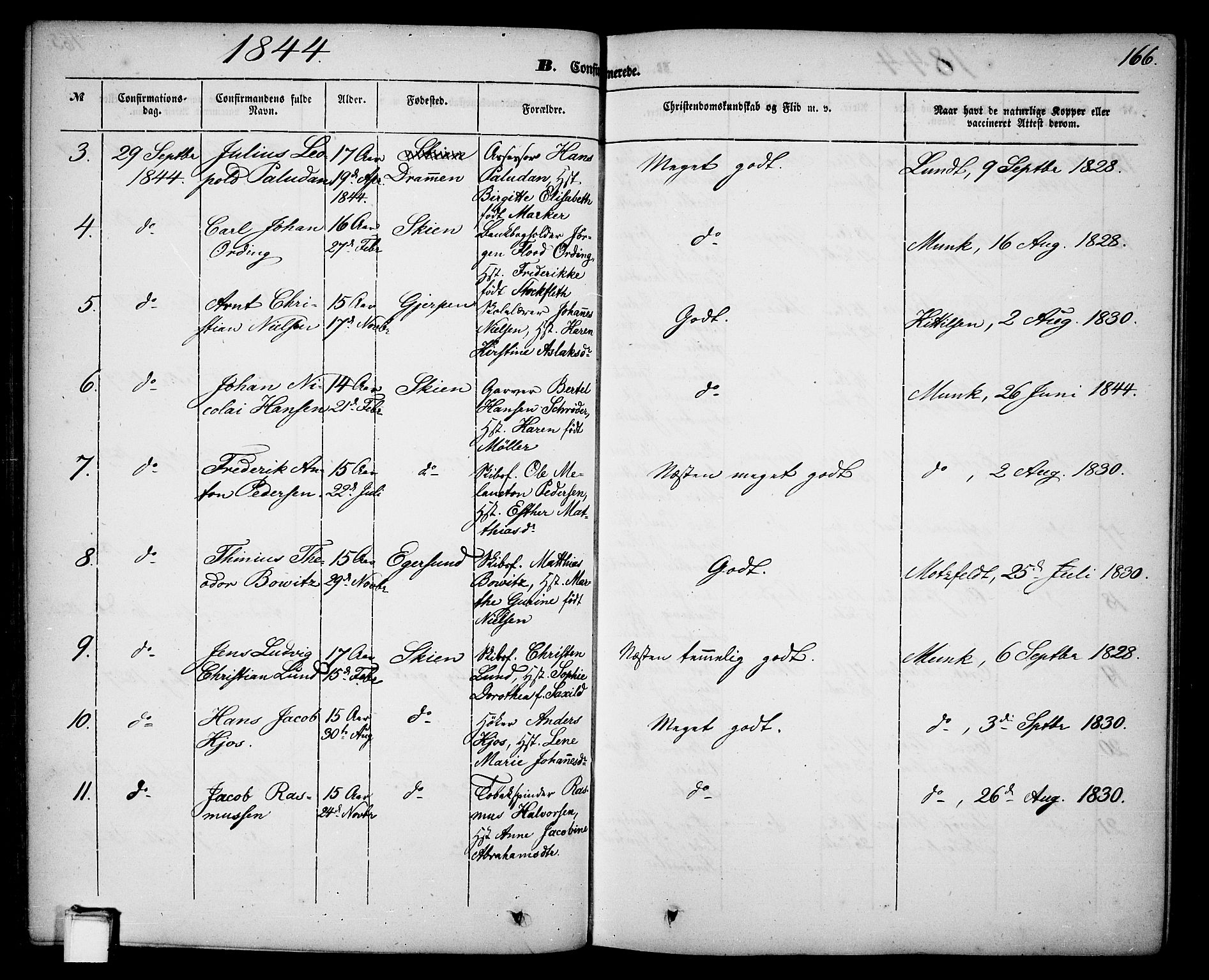 Skien kirkebøker, AV/SAKO-A-302/G/Ga/L0004: Parish register (copy) no. 4, 1843-1867, p. 166