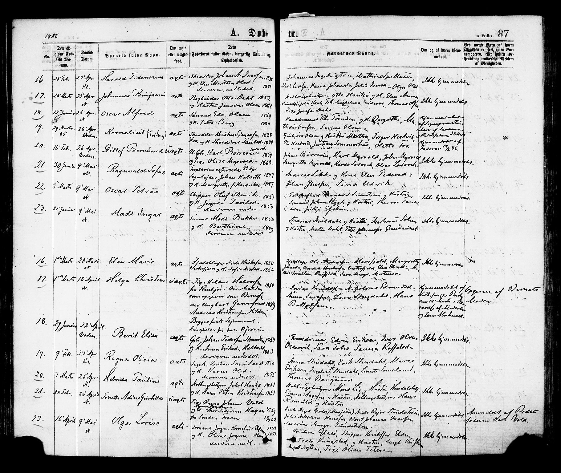 Ministerialprotokoller, klokkerbøker og fødselsregistre - Nord-Trøndelag, SAT/A-1458/768/L0572: Parish register (official) no. 768A07, 1874-1886, p. 87