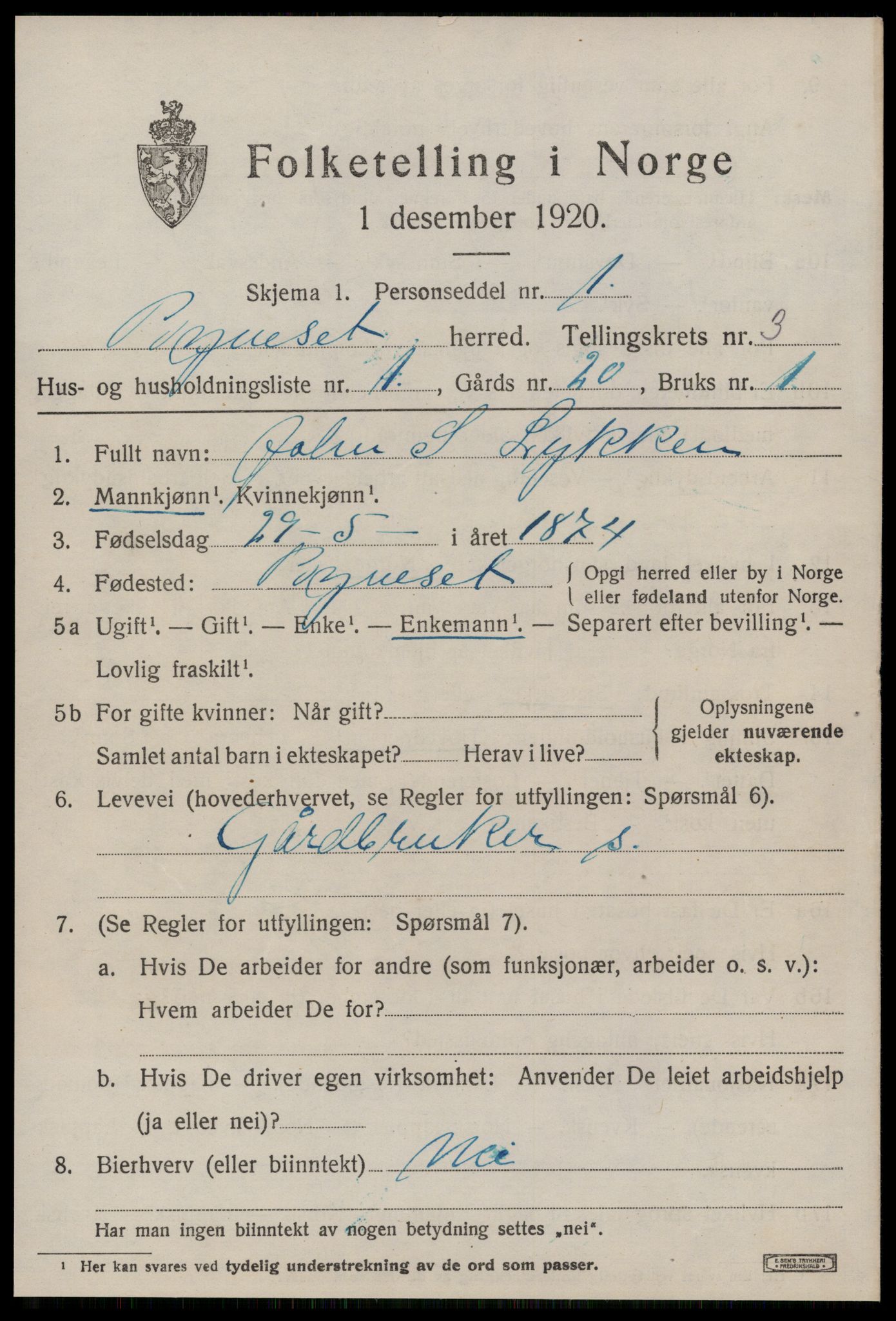 SAT, 1920 census for Byneset, 1920, p. 1626