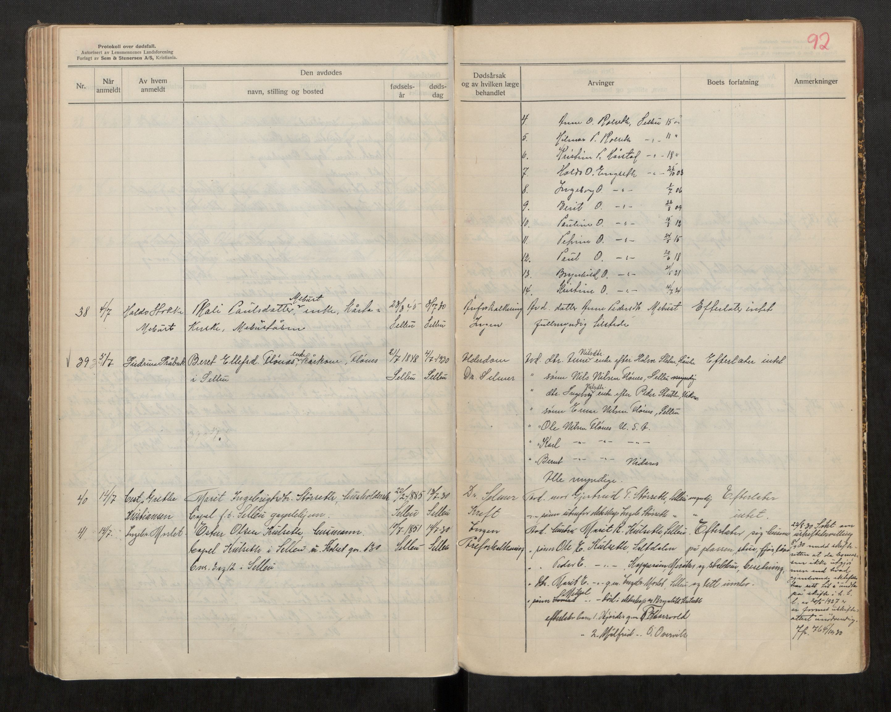 Selbu lensmannskontor, AV/SAT-A-1081/2/G/Ga/L0002: Dødsfallsprotokoll, 1923-1930, p. 92