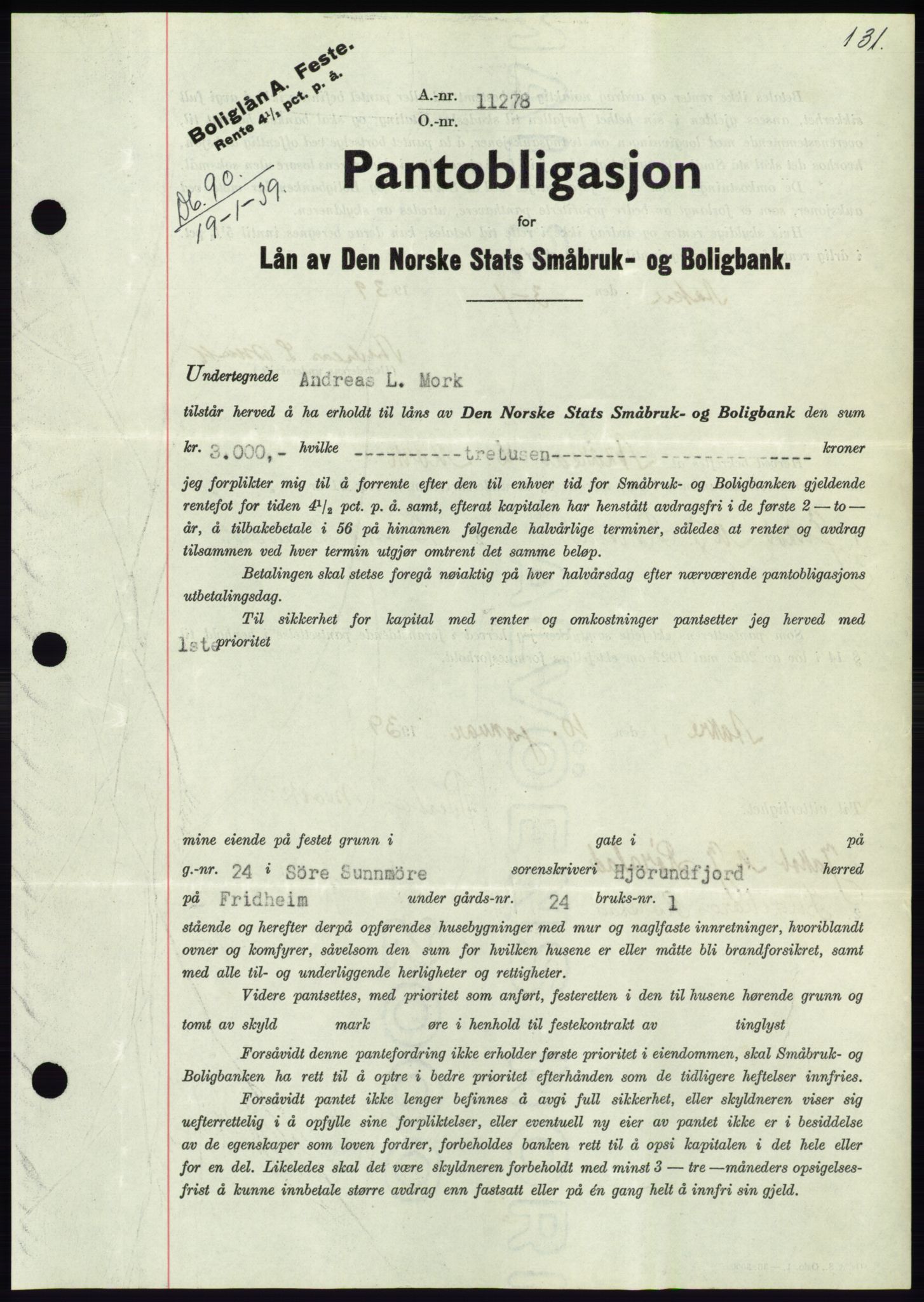 Søre Sunnmøre sorenskriveri, AV/SAT-A-4122/1/2/2C/L0067: Mortgage book no. 61, 1938-1939, Diary no: : 90/1939