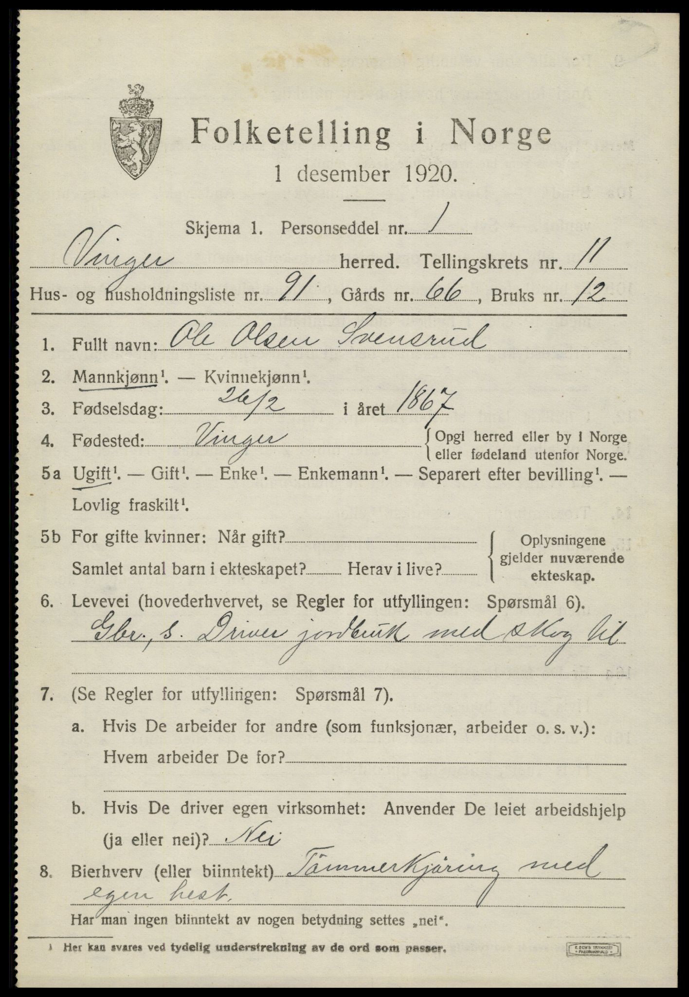 SAH, 1920 census for Vinger, 1920, p. 10034