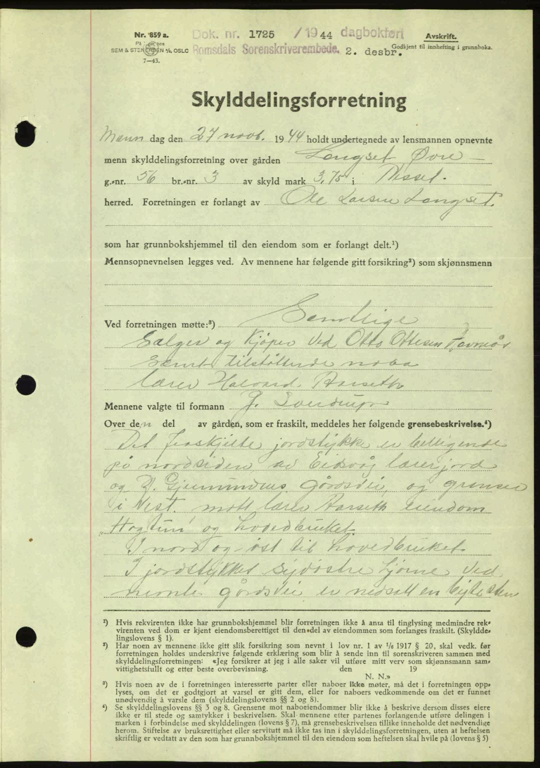 Romsdal sorenskriveri, AV/SAT-A-4149/1/2/2C: Mortgage book no. A17, 1944-1945, Diary no: : 1725/1944