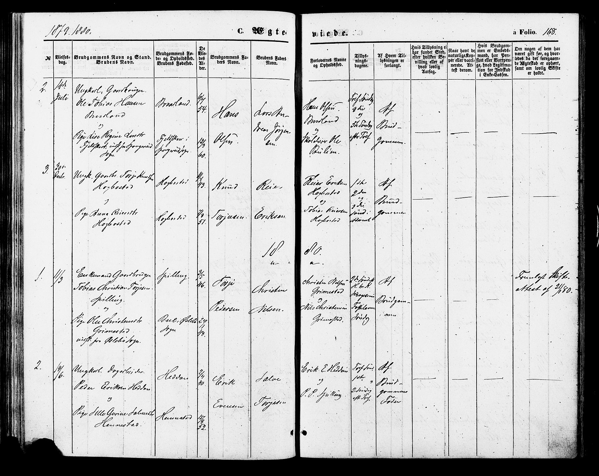 Nord-Audnedal sokneprestkontor, AV/SAK-1111-0032/F/Fa/Fab/L0002: Parish register (official) no. A 2, 1859-1882, p. 168