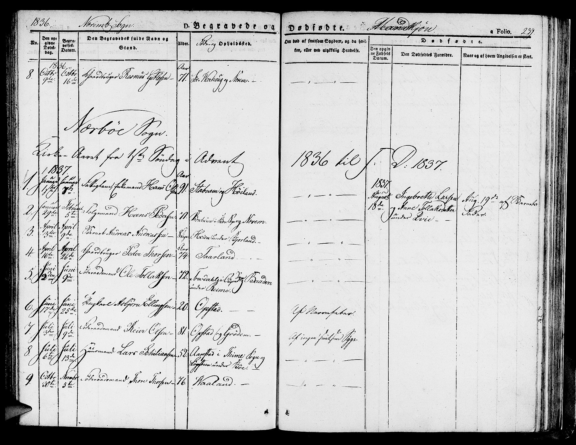 Hå sokneprestkontor, SAST/A-101801/001/30BA/L0004: Parish register (official) no. A 4.1 /1, 1826-1841, p. 239