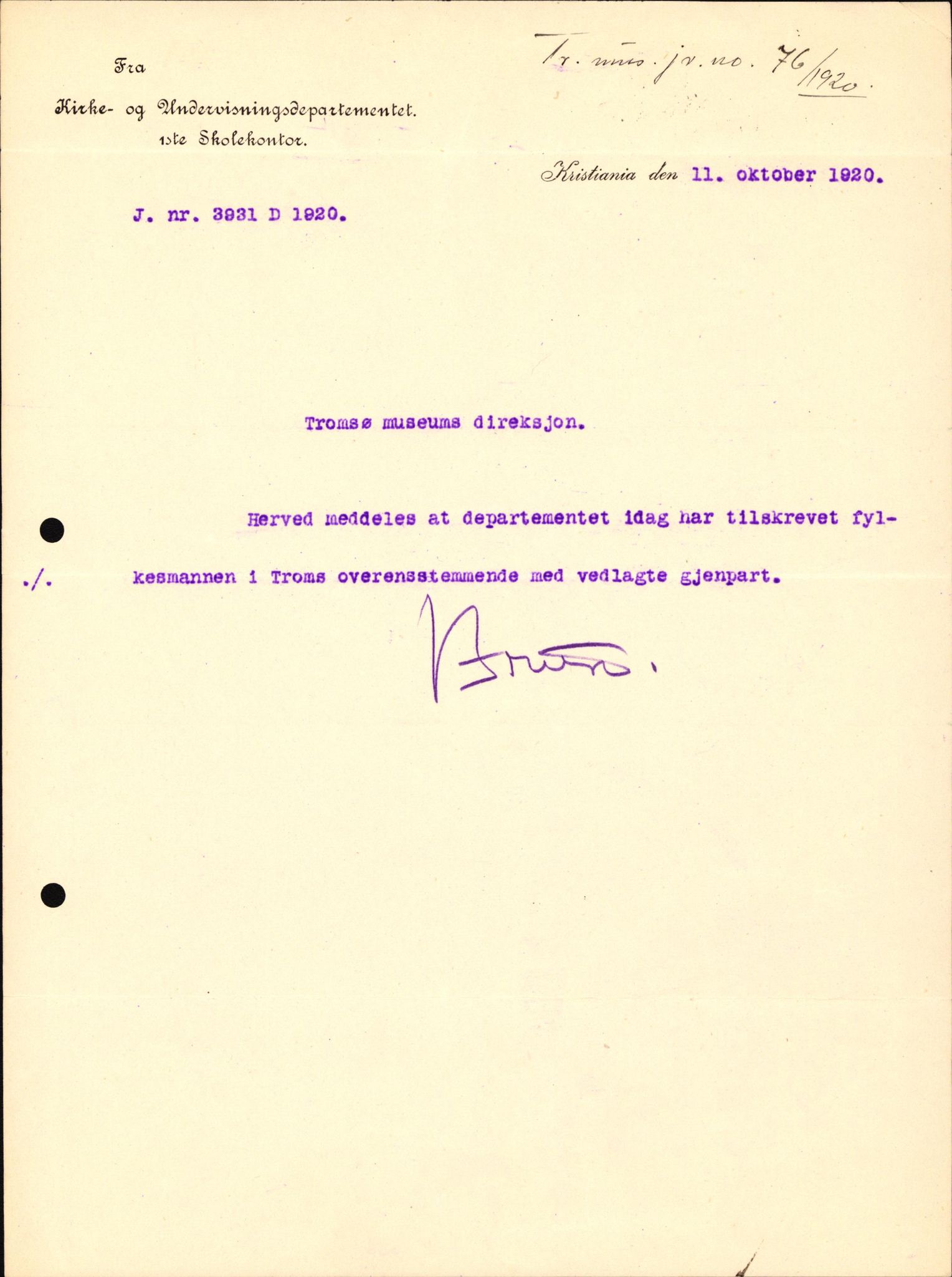 Tromsø Museum, AV/SATØ-S-0162/D/Da/L0030: Journalsaker og innkomne brev, 1906-1920, p. 465