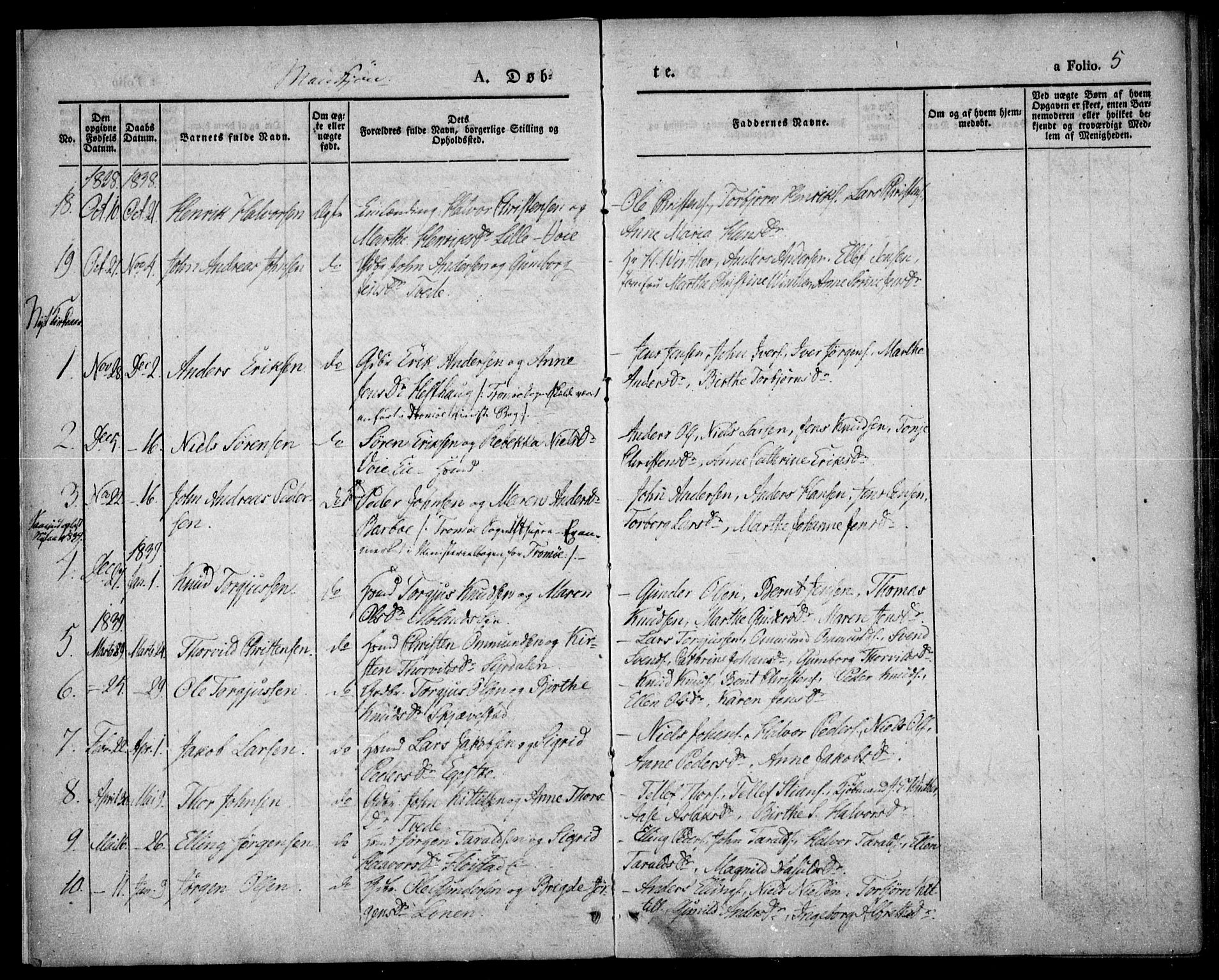 Austre Moland sokneprestkontor, SAK/1111-0001/F/Fa/Faa/L0006: Parish register (official) no. A 6, 1837-1846, p. 5