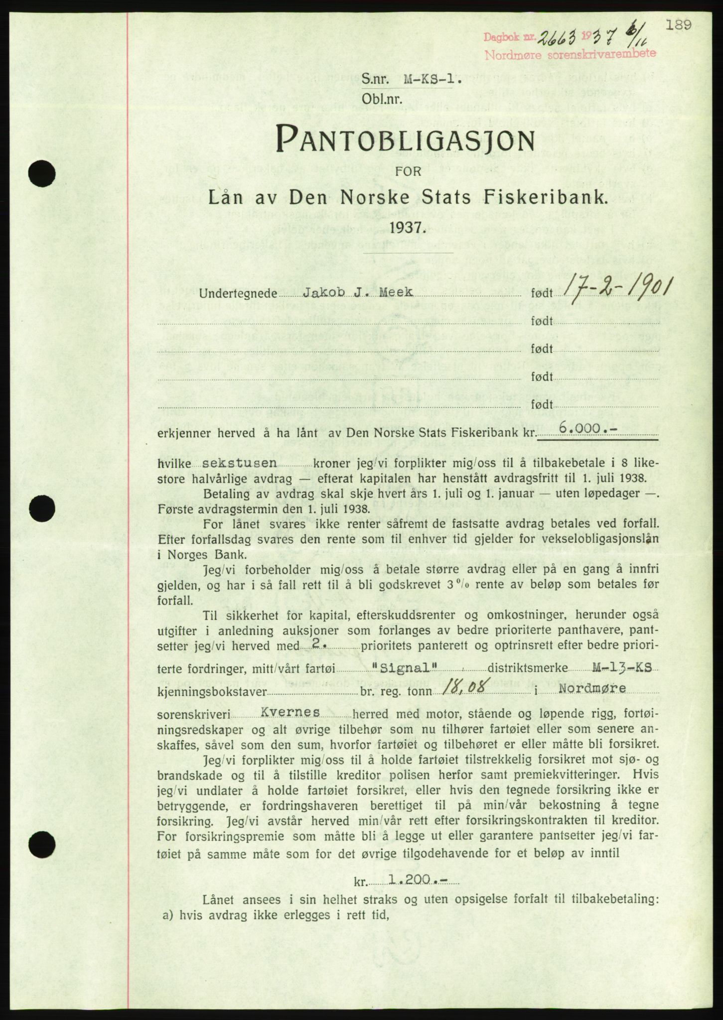 Nordmøre sorenskriveri, AV/SAT-A-4132/1/2/2Ca/L0092: Mortgage book no. B82, 1937-1938, Diary no: : 2663/1937