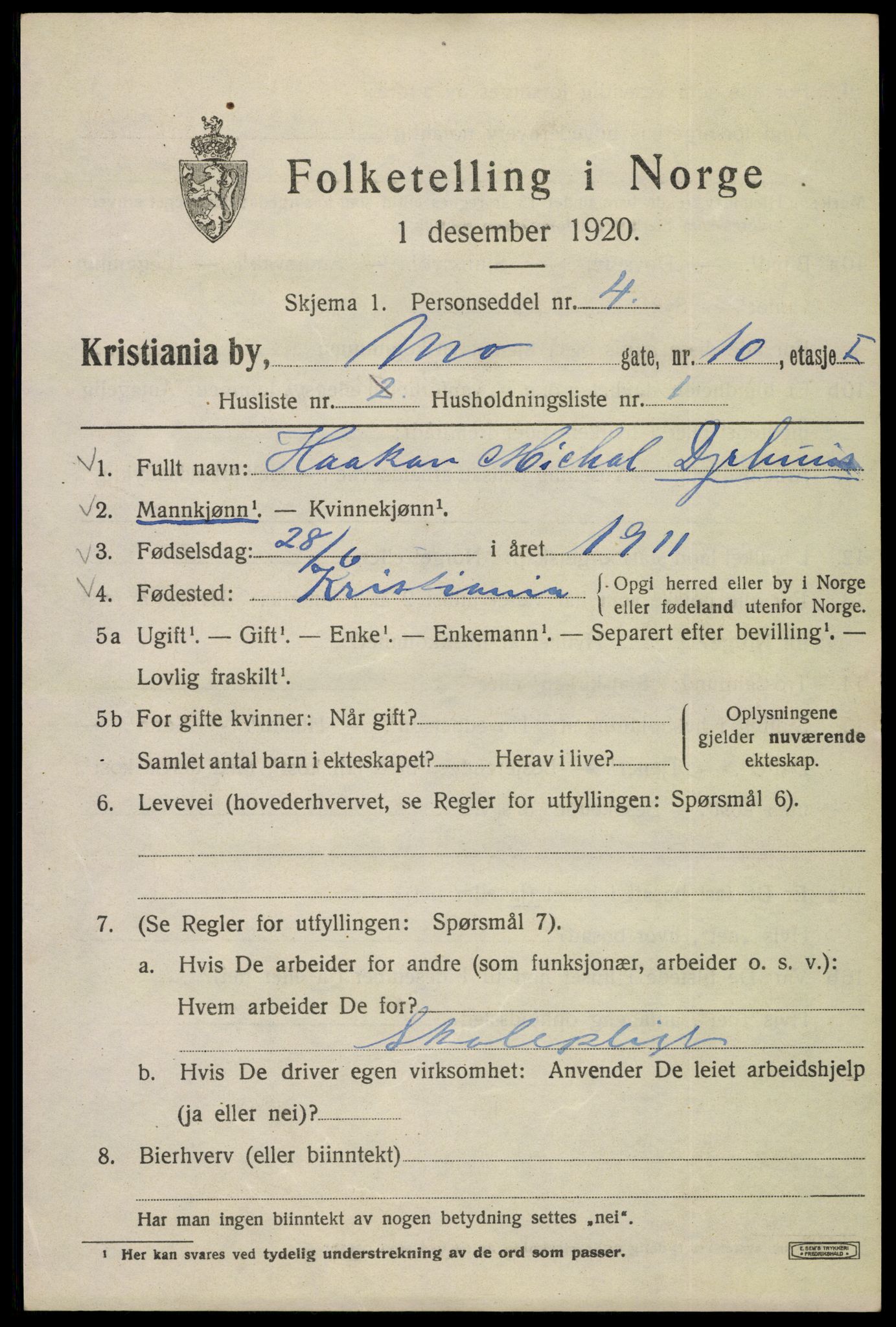 SAO, 1920 census for Kristiania, 1920, p. 395429