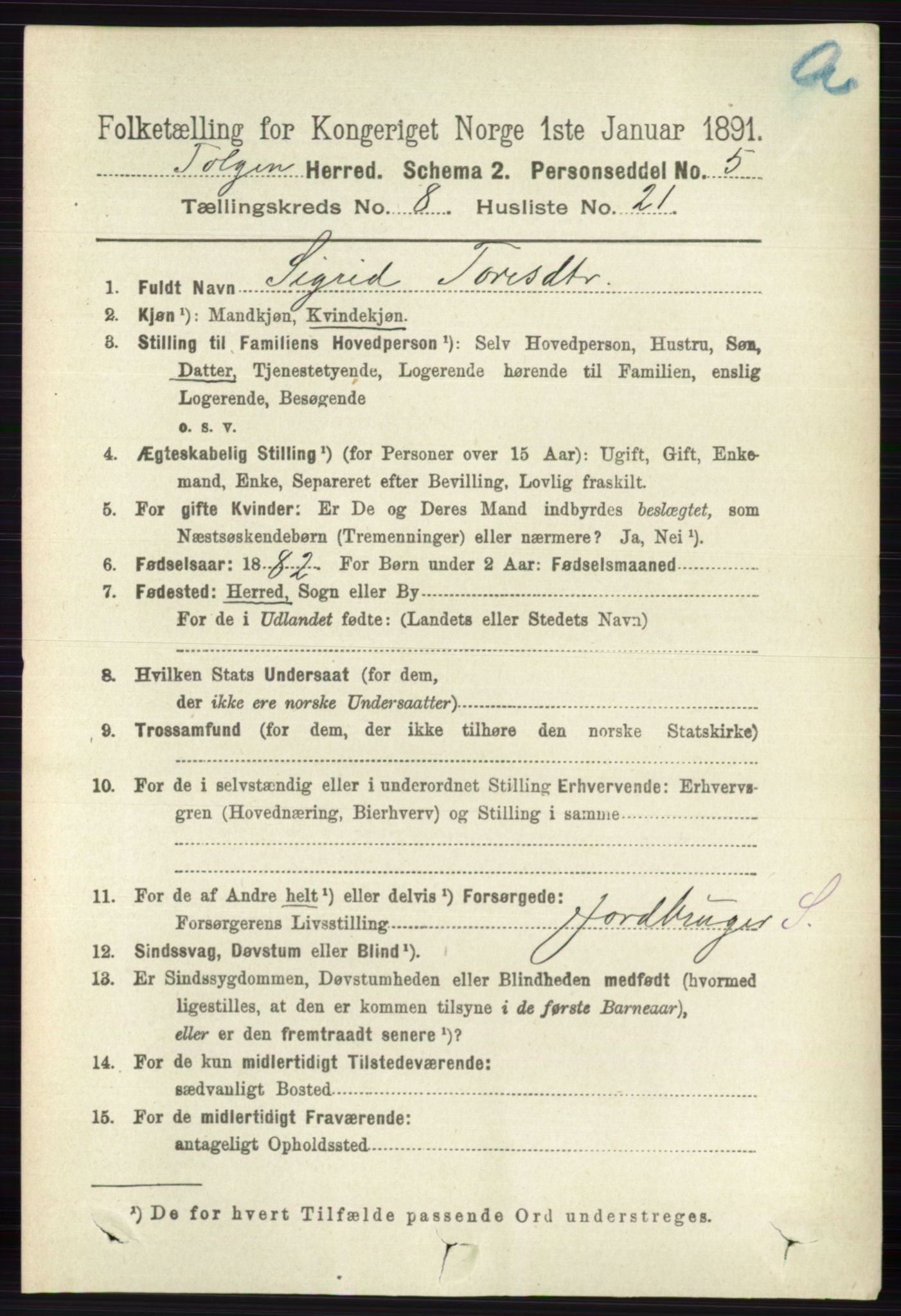 RA, 1891 census for 0436 Tolga, 1891, p. 2490