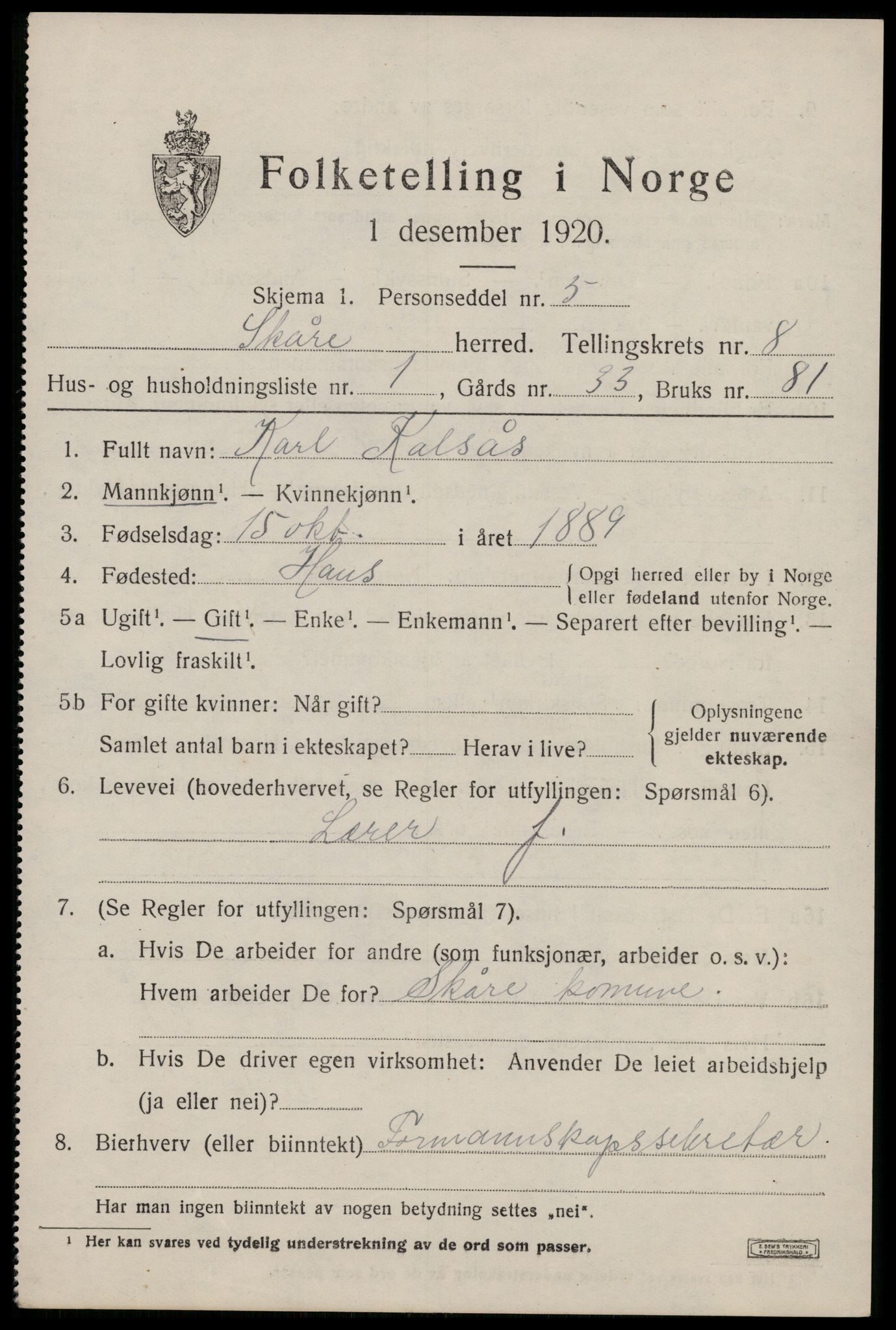 SAST, 1920 census for Skåre, 1920, p. 5724