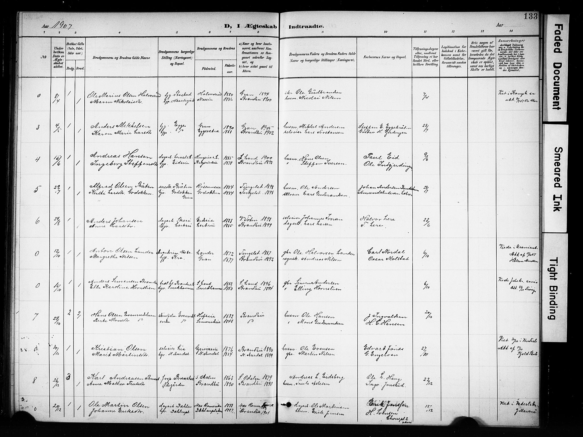 Brandbu prestekontor, SAH/PREST-114/H/Ha/Hab/L0005: Parish register (copy) no. 5, 1900-1913, p. 133