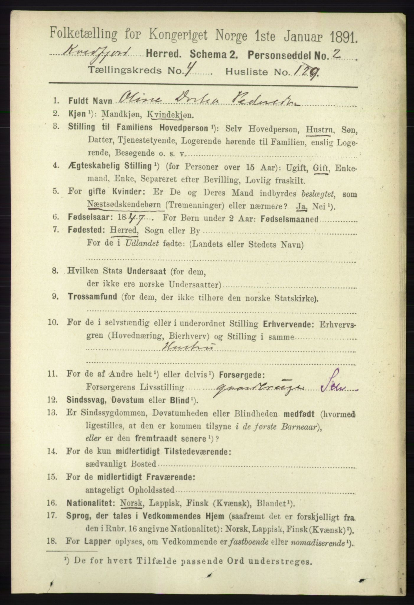 RA, 1891 census for 1911 Kvæfjord, 1891, p. 2709