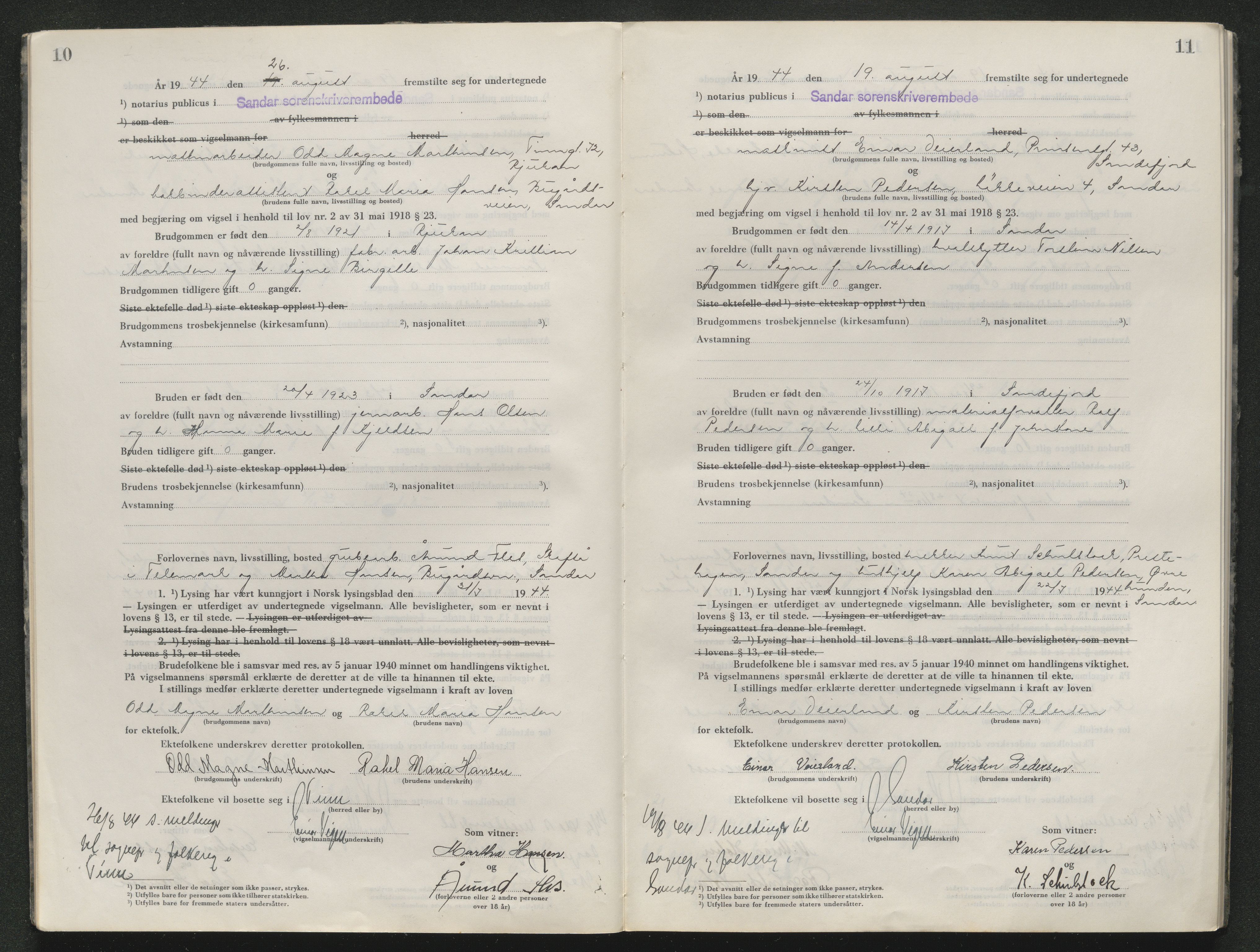 Sandar sorenskriveri, AV/SAKO-A-86/L/Lb/L0004: Vigselselbok, 1944-1947, p. 10-11