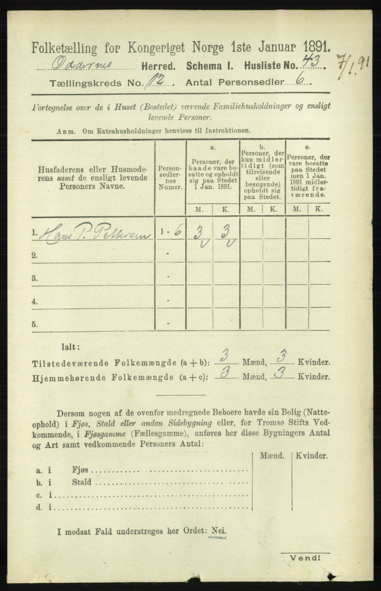 RA, 1891 census for 1012 Oddernes, 1891, p. 4353
