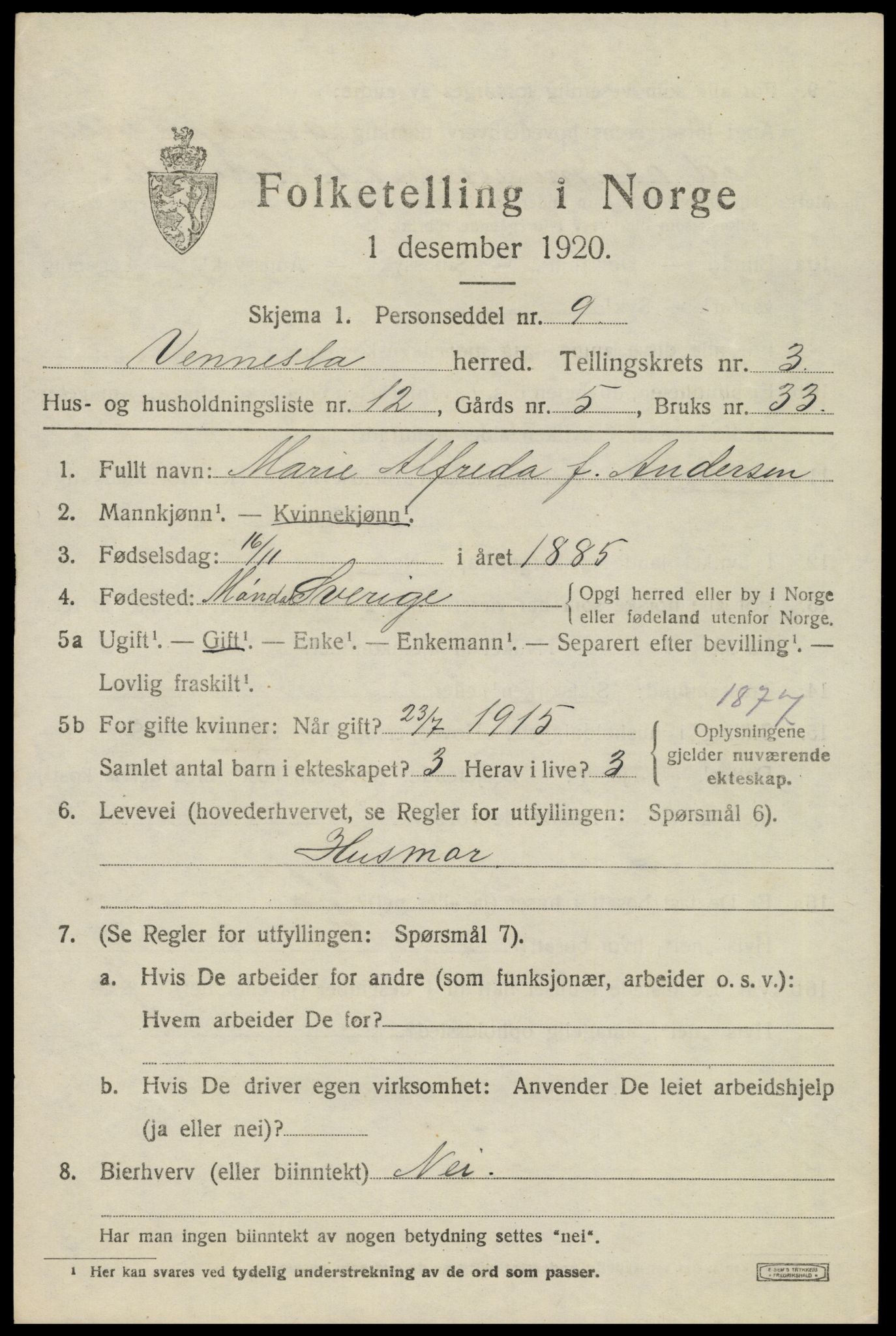 SAK, 1920 census for Vennesla, 1920, p. 2364