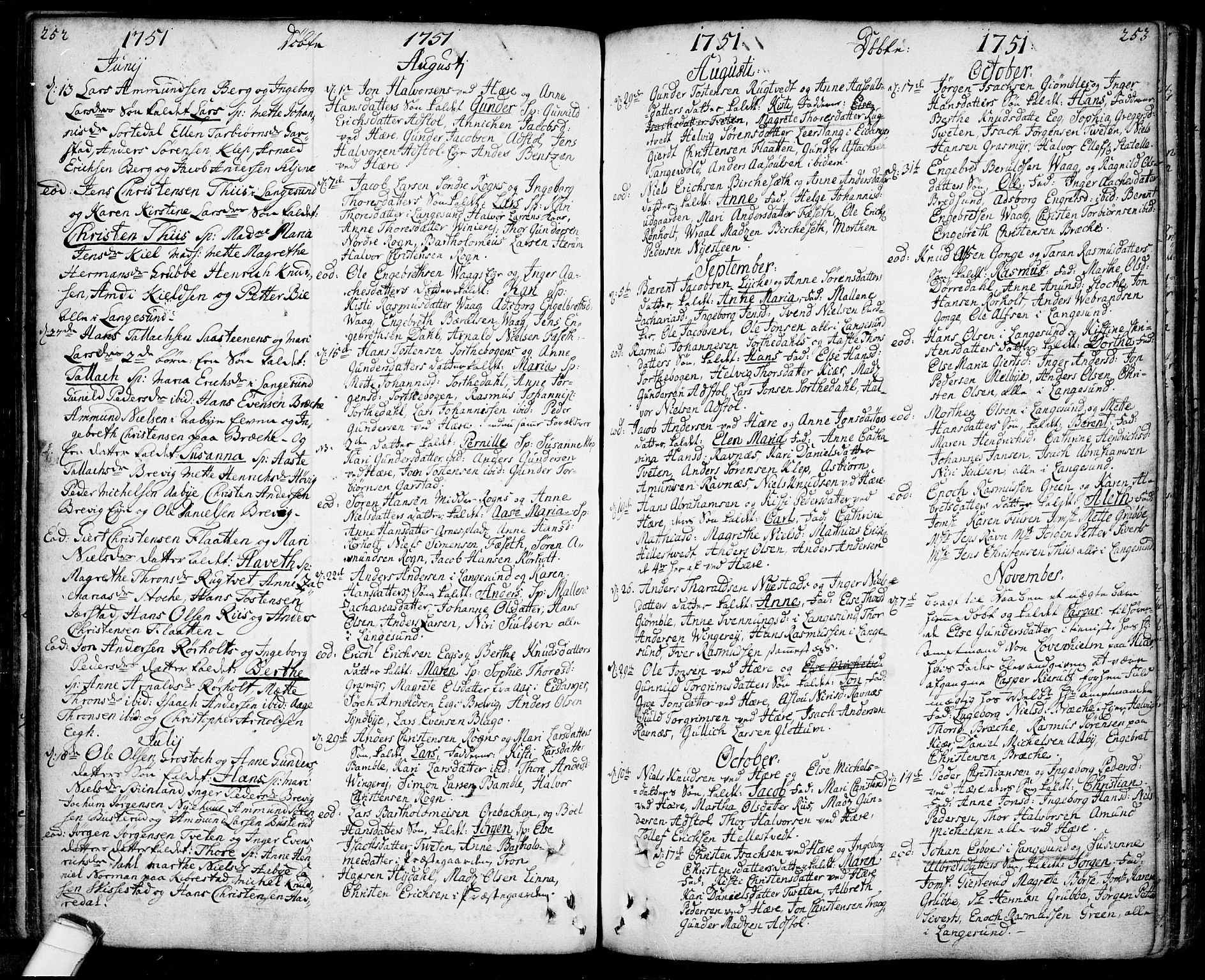 Bamble kirkebøker, SAKO/A-253/F/Fa/L0001: Parish register (official) no. I 1, 1702-1774, p. 252-253