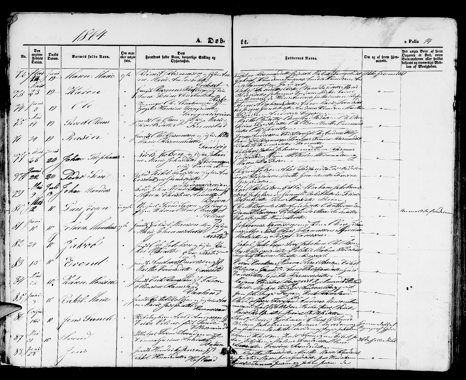 Hetland sokneprestkontor, AV/SAST-A-101826/30/30BB/L0003: Parish register (copy) no. B 3, 1863-1877, p. 14