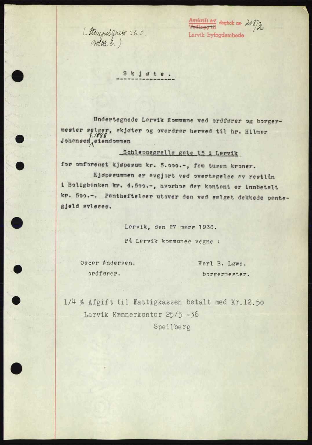 Larvik sorenskriveri, SAKO/A-83/G/Ga/Gab/L0067: Mortgage book no. A-1, 1936-1937, Diary no: : 208/1936