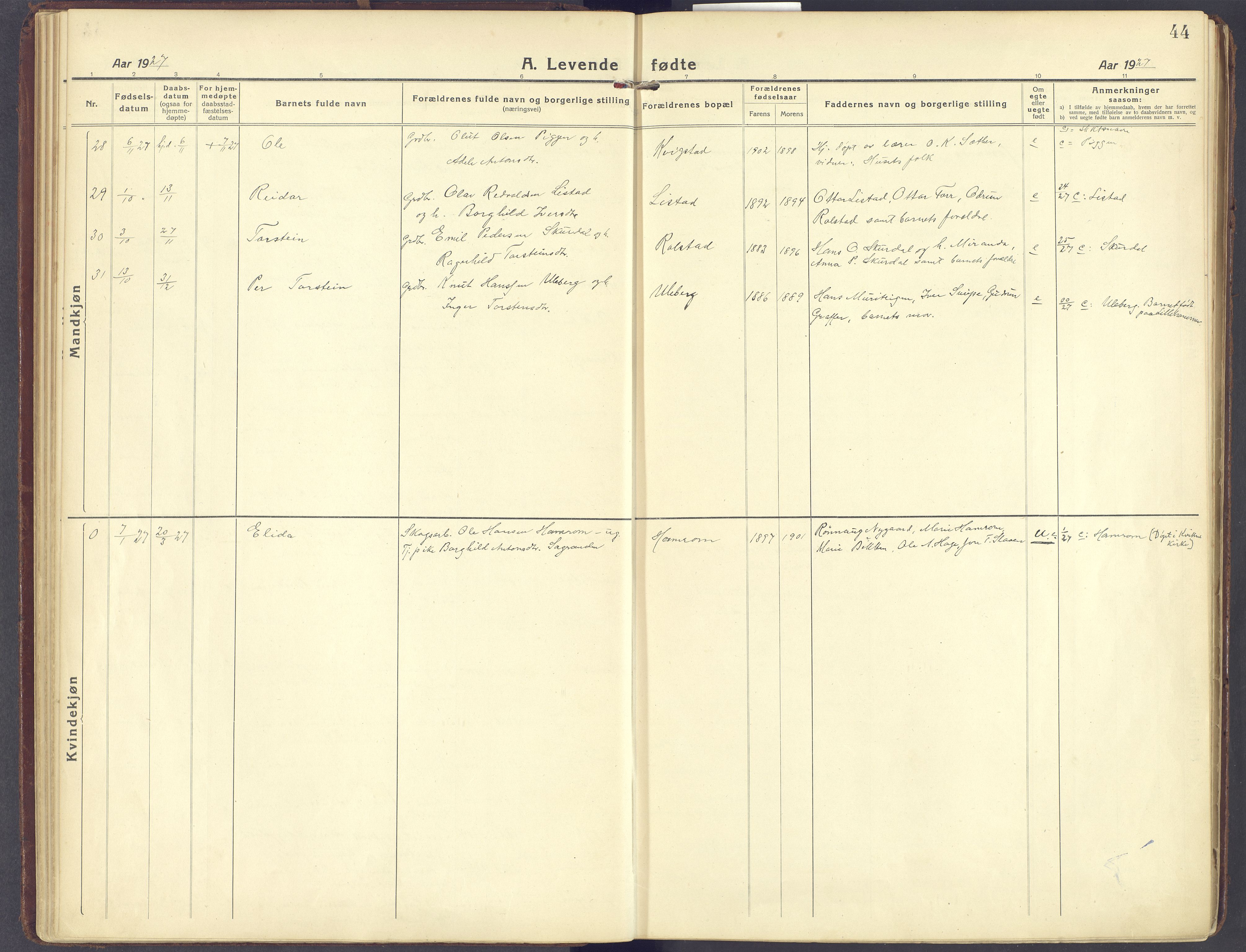 Sør-Fron prestekontor, AV/SAH-PREST-010/H/Ha/Haa/L0005: Parish register (official) no. 5, 1920-1933, p. 44