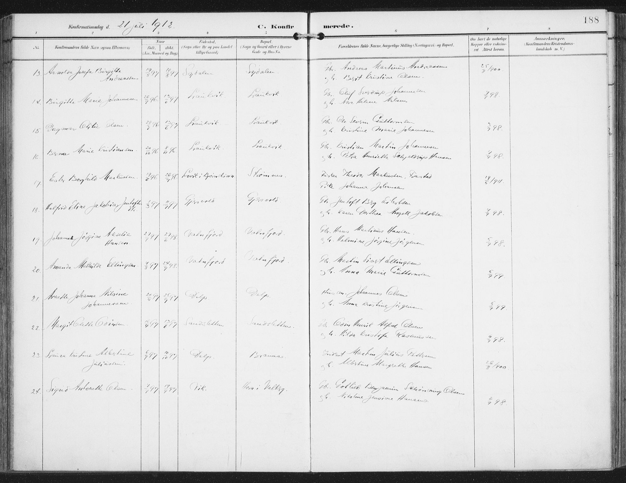 Ministerialprotokoller, klokkerbøker og fødselsregistre - Nordland, AV/SAT-A-1459/876/L1098: Parish register (official) no. 876A04, 1896-1915, p. 188