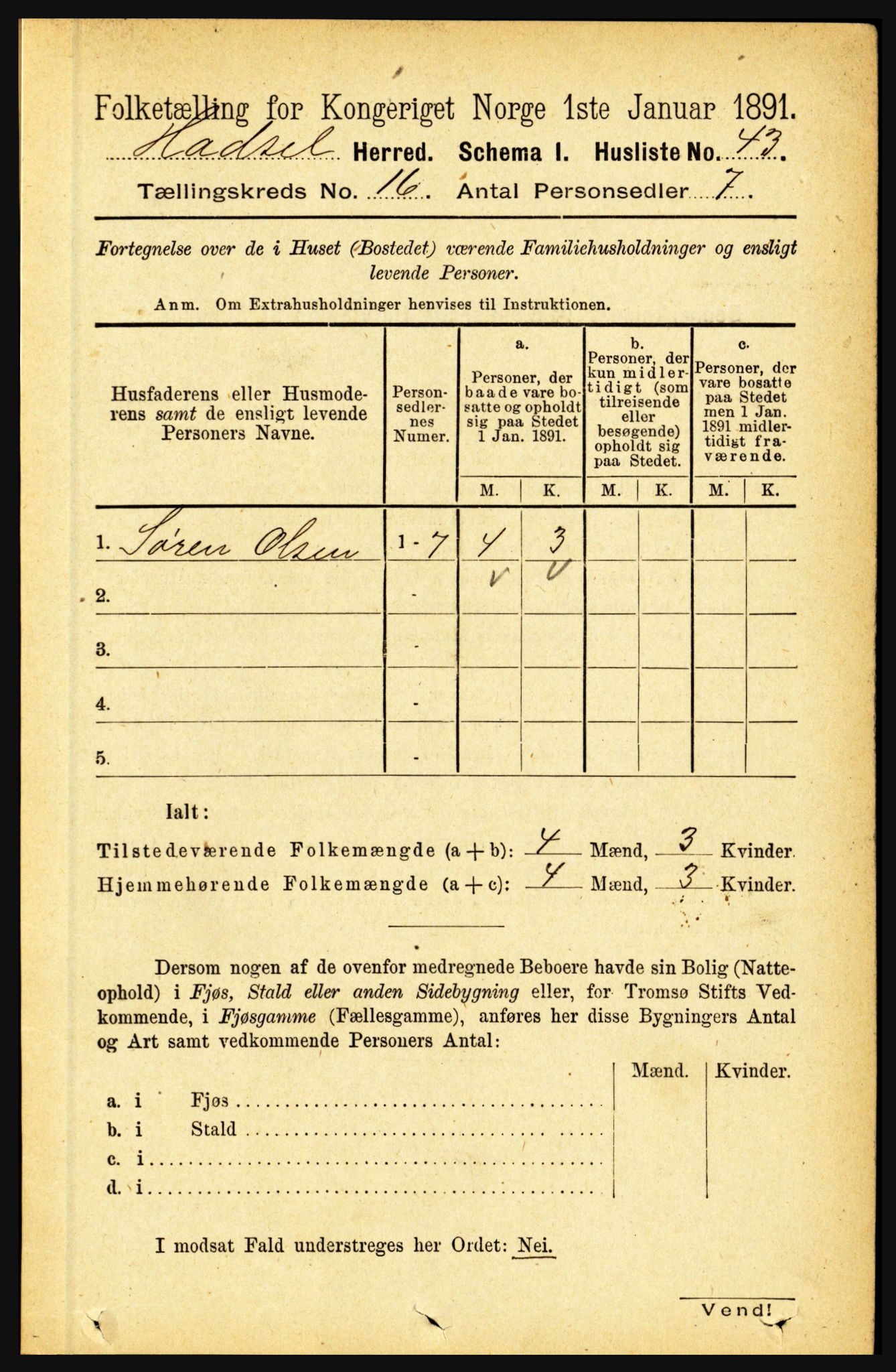 RA, 1891 census for 1866 Hadsel, 1891, p. 7248