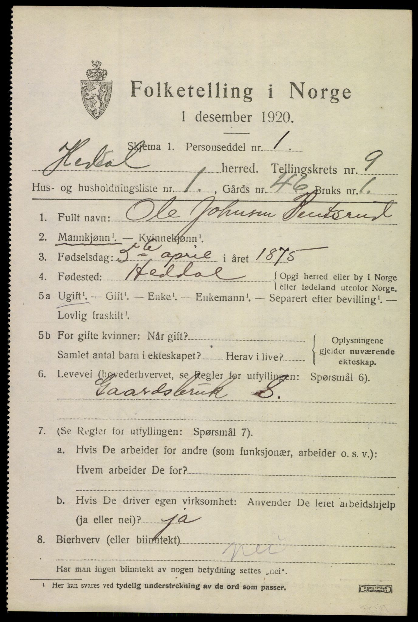 SAKO, 1920 census for Heddal, 1920, p. 6582