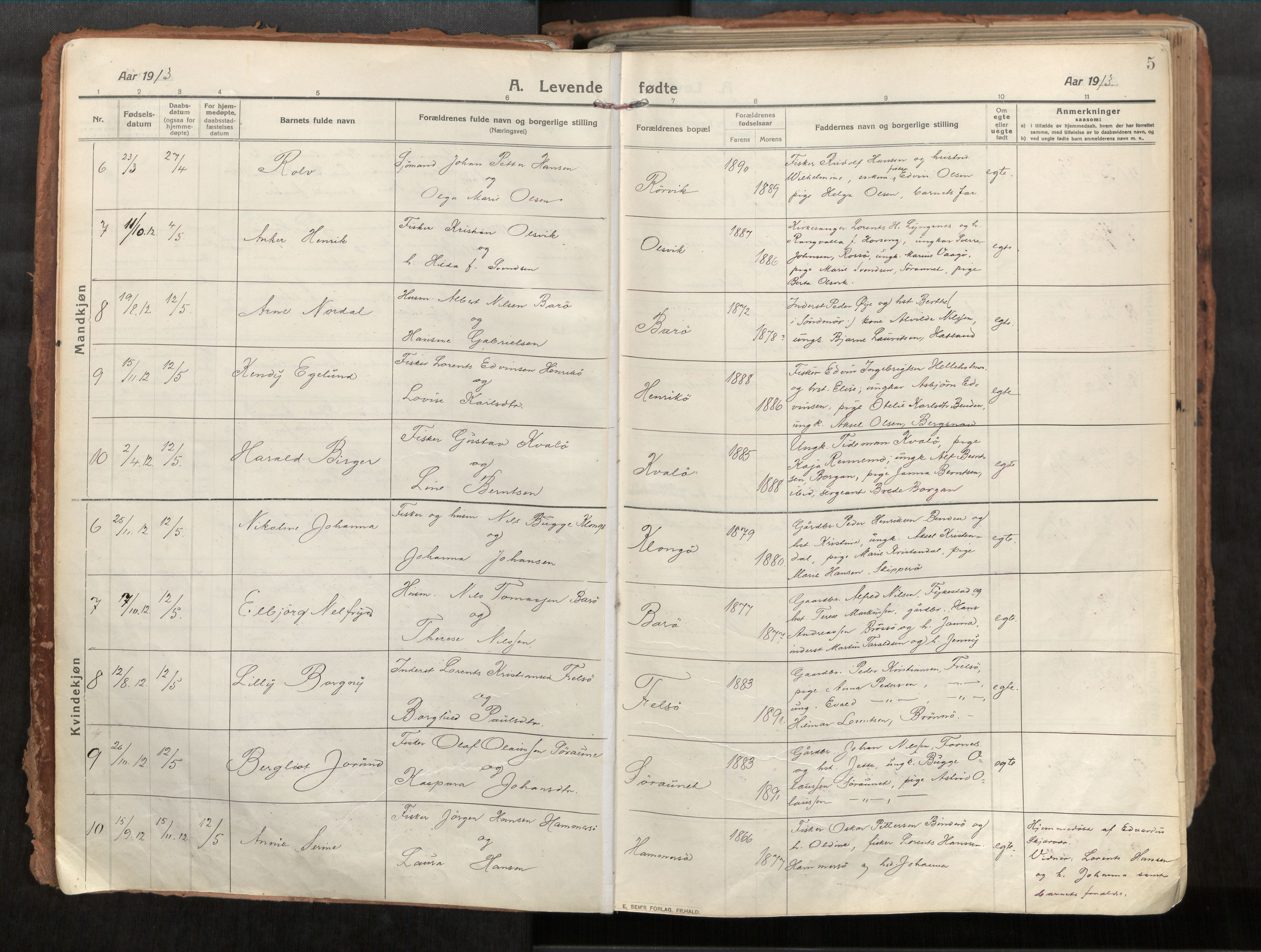 Vikna sokneprestkontor, AV/SAT-A-1173/1/I/I1/I1a/L0001: Parish register (official) no. 1, 1913-1934, p. 5