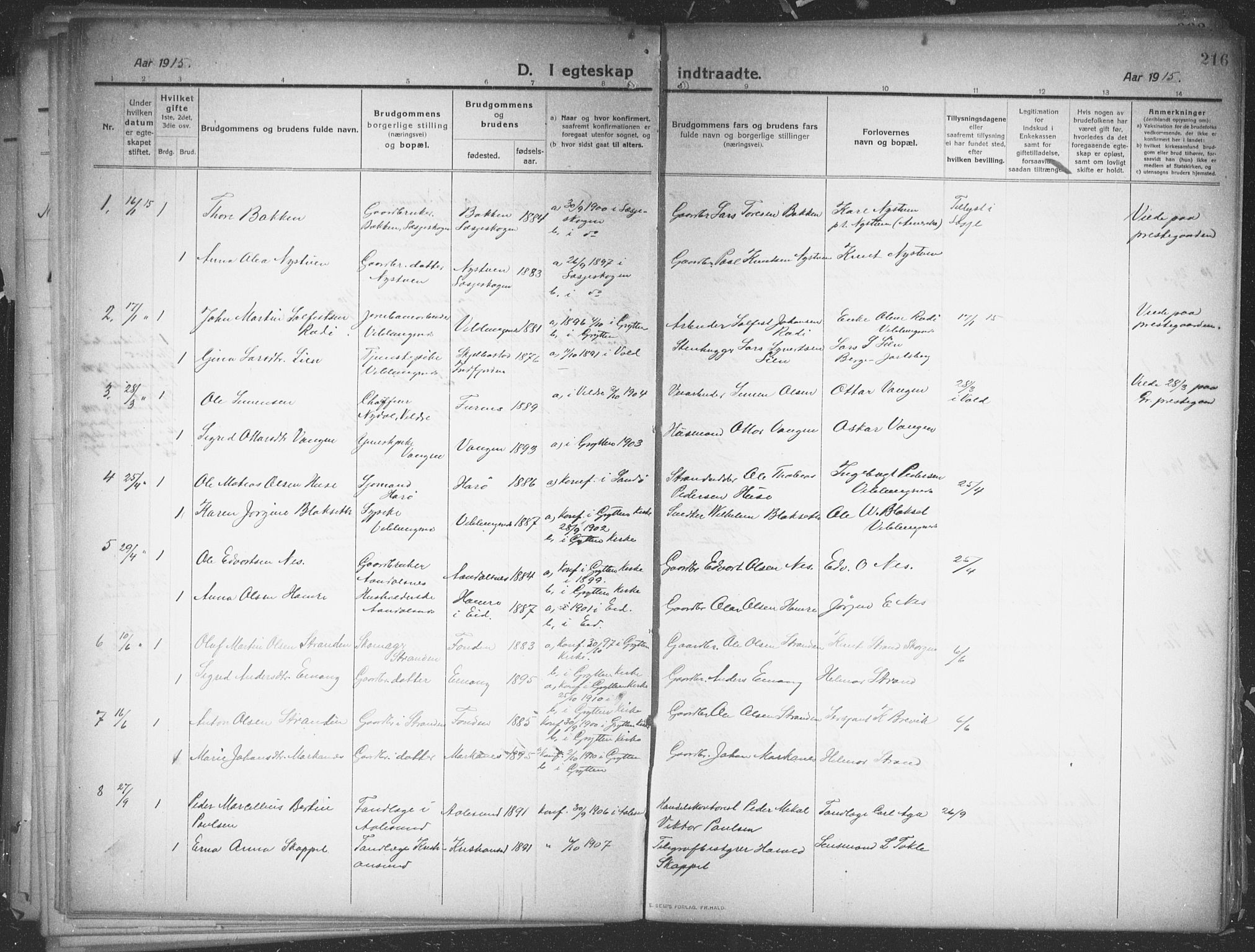 Ministerialprotokoller, klokkerbøker og fødselsregistre - Møre og Romsdal, SAT/A-1454/544/L0581: Parish register (copy) no. 544C03, 1910-1937, p. 216