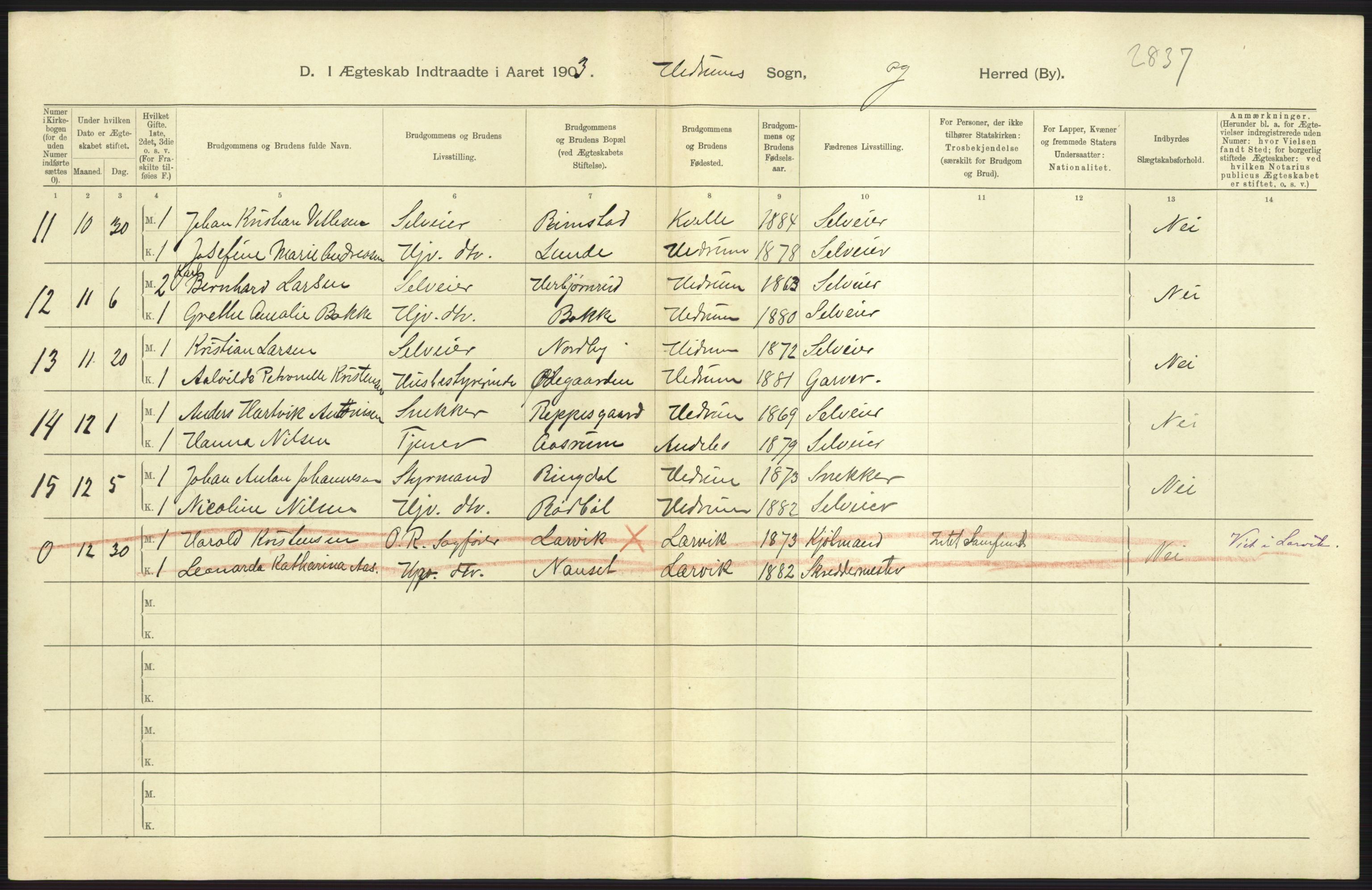 Statistisk sentralbyrå, Sosiodemografiske emner, Befolkning, AV/RA-S-2228/D/Df/Dfa/Dfaa/L0008: Jarlsberg og Larvik amt: Fødte, gifte, døde, 1903, p. 373